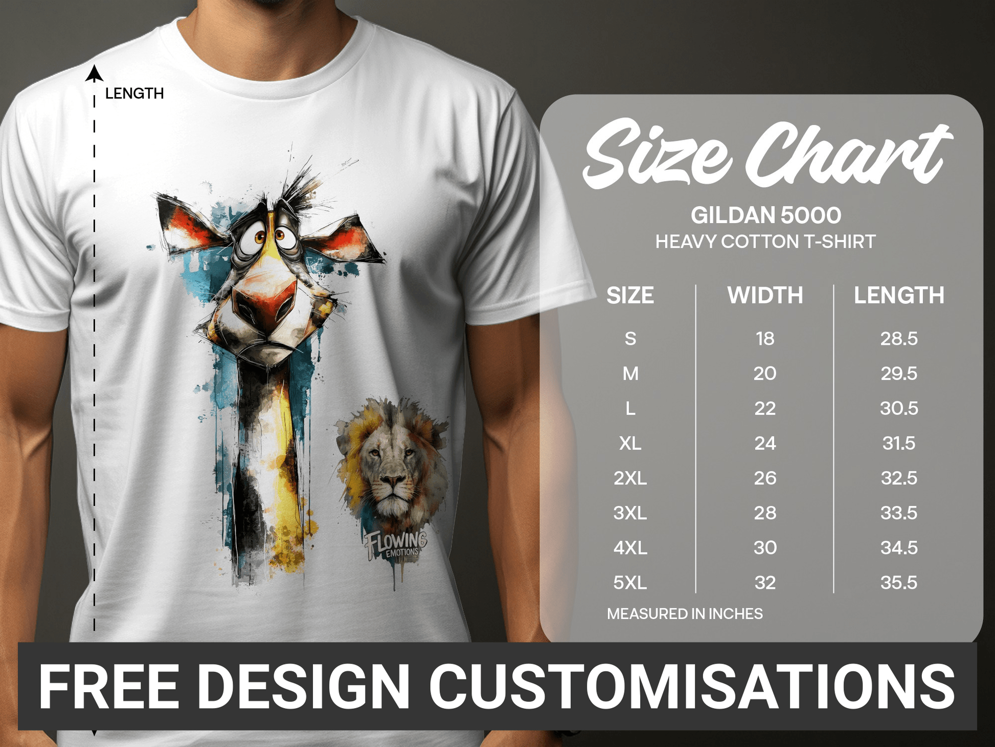 RMA APPAREL Giraffe And Lion Wildlife Art Mens T-Shirt sizes - Flowing Emotions White T-Shirts - RMA APPAREL - Roclla Media Apparel Store