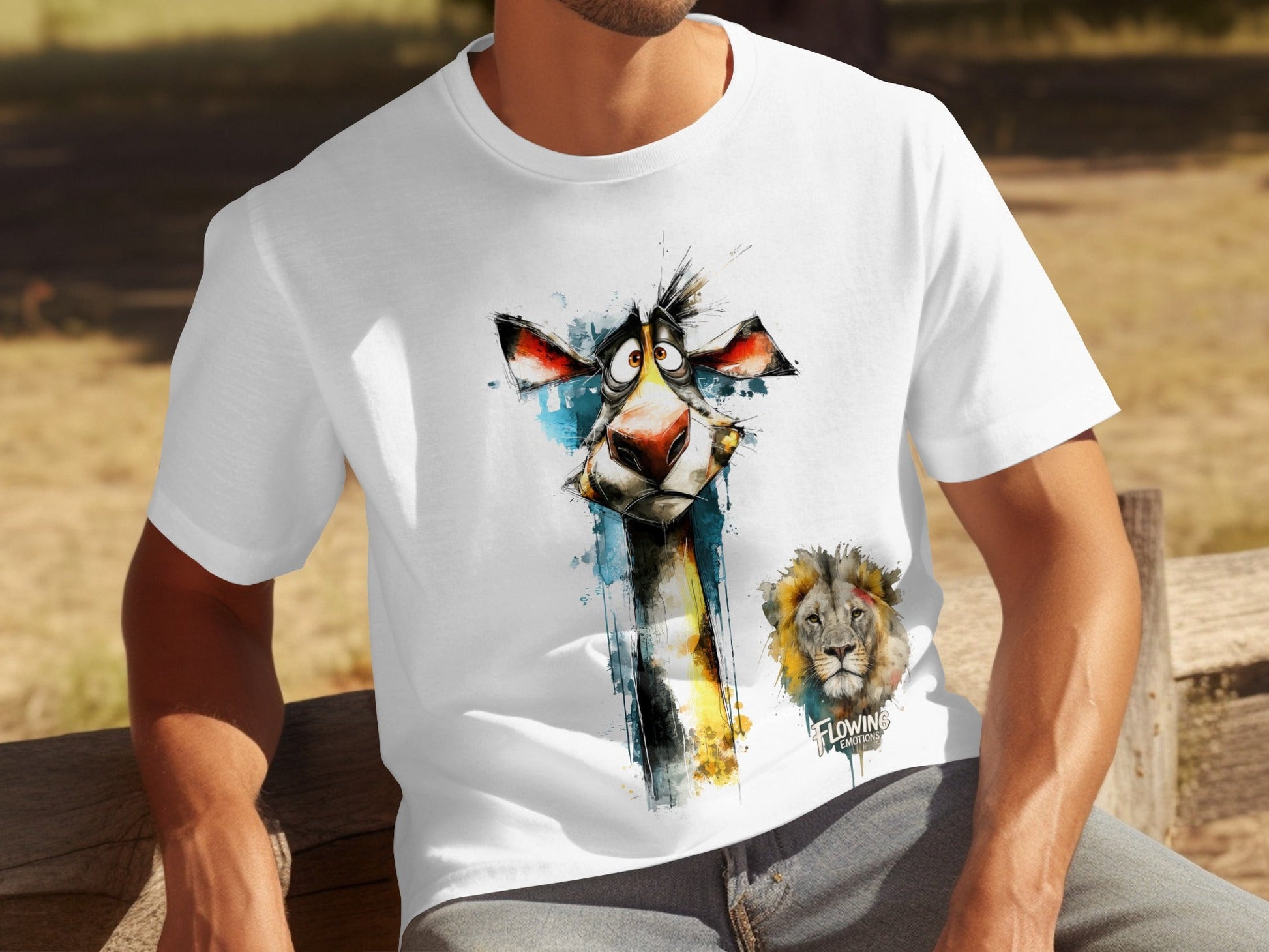 RMA APPAREL Giraffe And Lion Wildlife Art Mens T-Shirt sizes - Flowing Emotions White T-Shirts - RMA APPAREL - Roclla Media Apparel Store