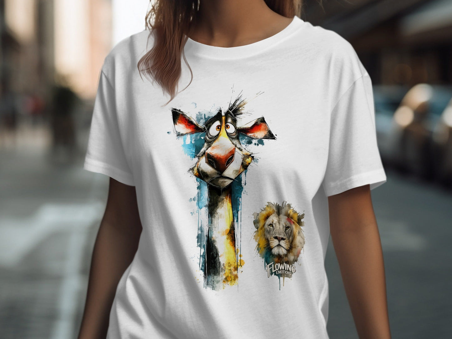 RMA APPAREL Giraffe And Lion Wildlife Art Mens T-Shirt sizes - Flowing Emotions White T-Shirts - RMA APPAREL - Roclla Media Apparel Store