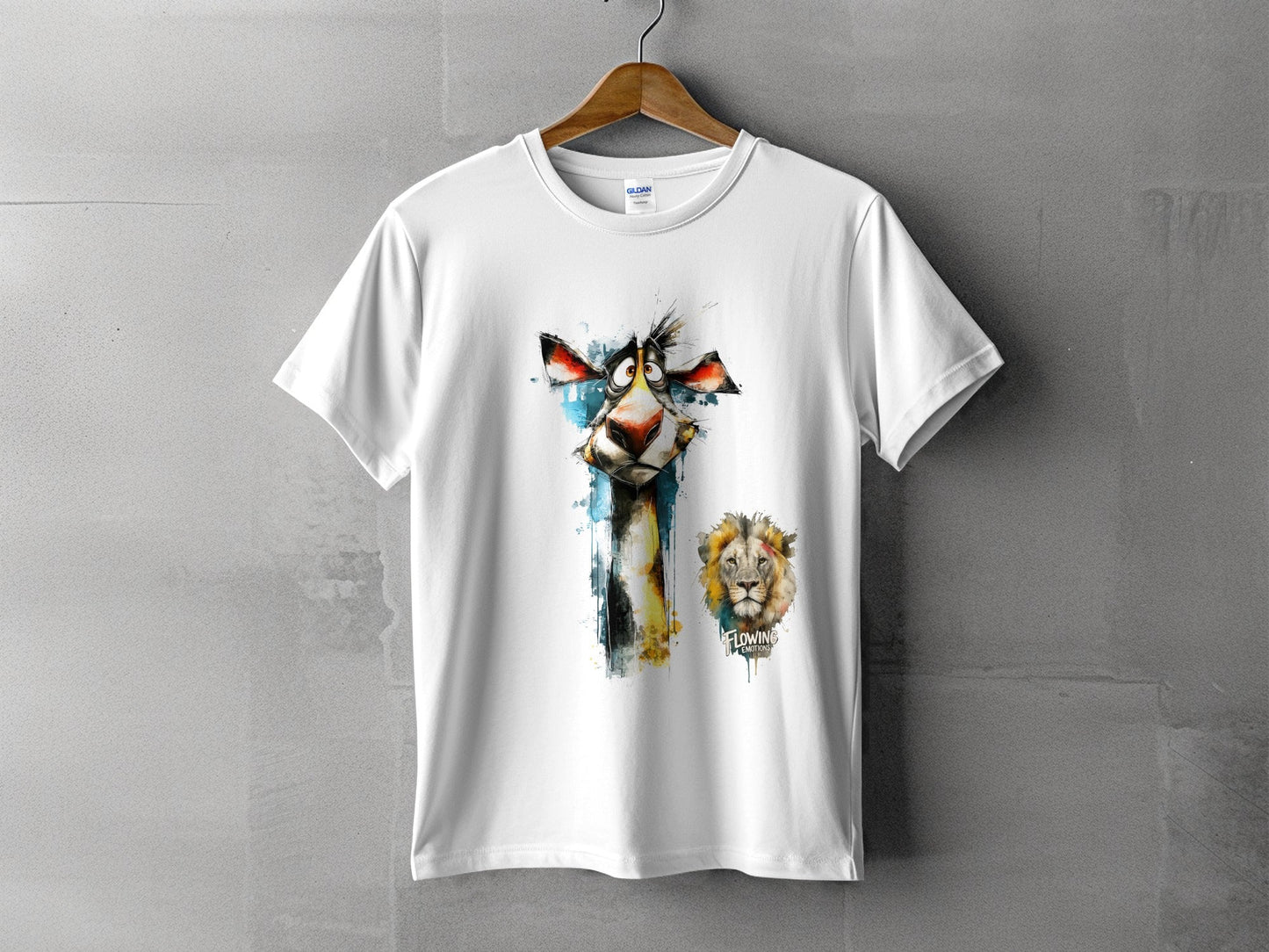 RMA APPAREL Giraffe And Lion Wildlife Art Mens T-Shirt sizes - Flowing Emotions White T-Shirts - RMA APPAREL - Roclla Media Apparel Store