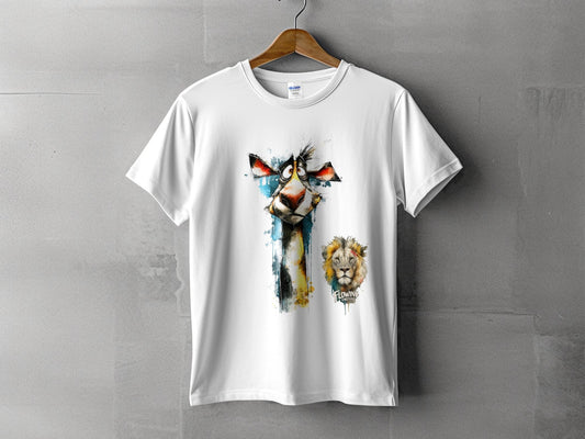 RMA APPAREL Giraffe And Lion Wildlife Art Mens T-Shirt sizes - Flowing Emotions White T-Shirts - RMA APPAREL - Roclla Media Apparel Store