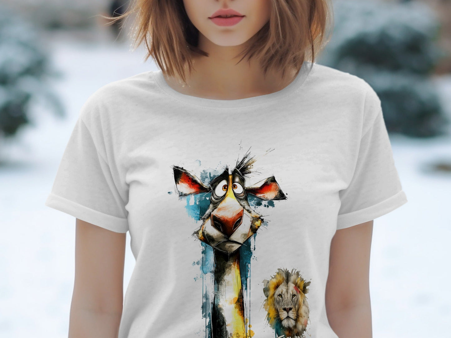 RMA APPAREL Giraffe And Lion Wildlife Art Mens T-Shirt sizes - Flowing Emotions White T-Shirts - RMA APPAREL - Roclla Media Apparel Store