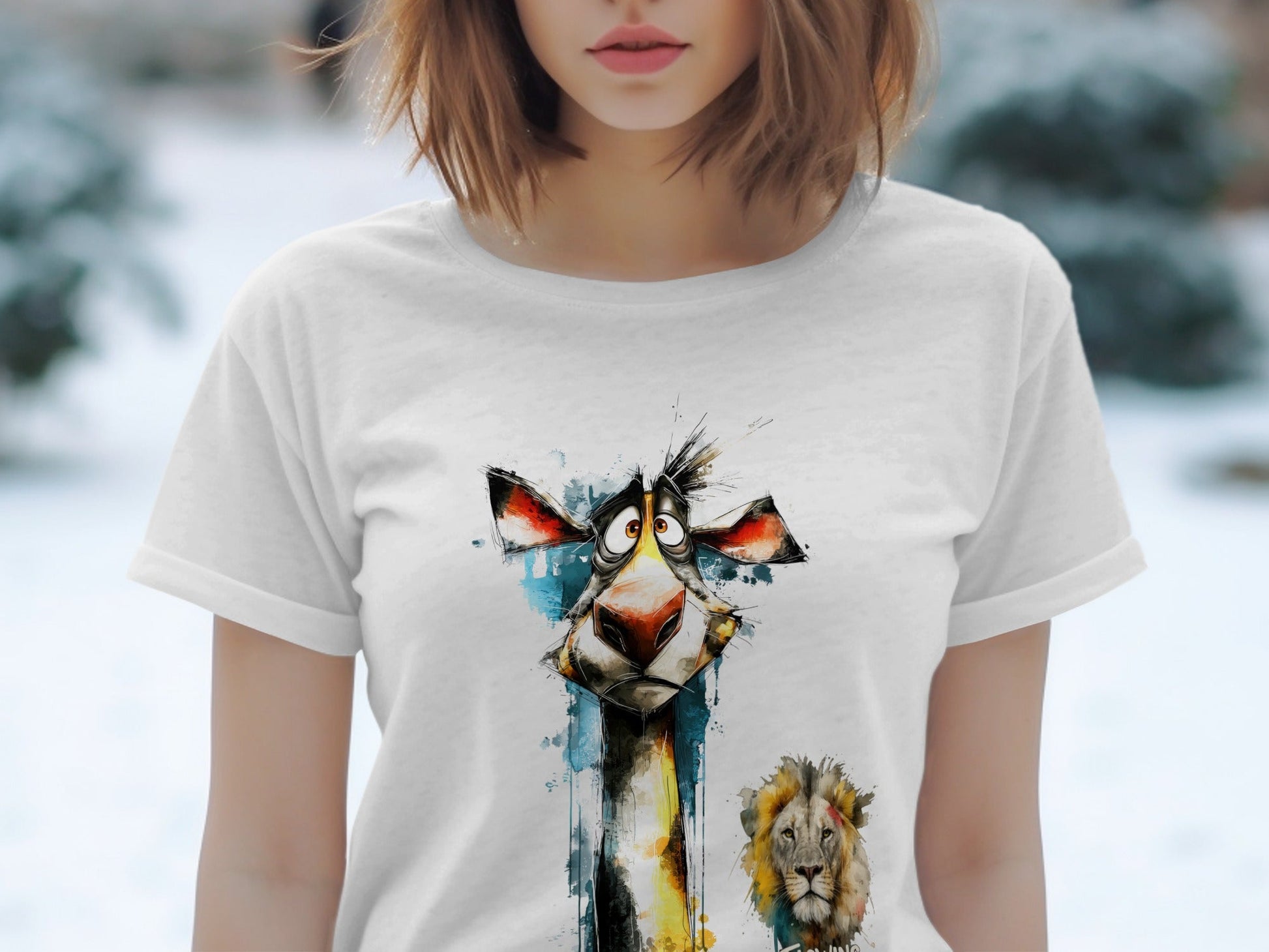 RMA APPAREL Giraffe And Lion Wildlife Art Mens T-Shirt sizes - Flowing Emotions White T-Shirts - RMA APPAREL - Roclla Media Apparel Store