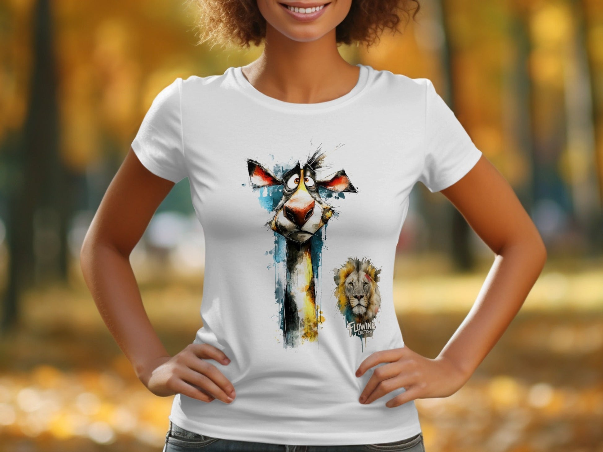 RMA APPAREL Giraffe And Lion Wildlife Art Mens T-Shirt sizes - Flowing Emotions White T-Shirts - RMA APPAREL - Roclla Media Apparel Store