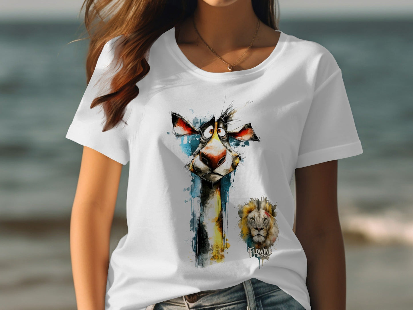 RMA APPAREL Giraffe And Lion Wildlife Art Mens T-Shirt sizes - Flowing Emotions White T-Shirts - RMA APPAREL - Roclla Media Apparel Store