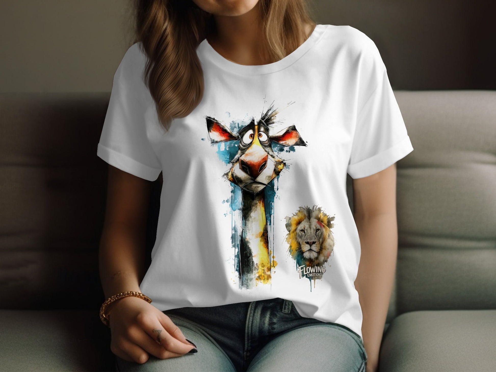 RMA APPAREL Giraffe And Lion Wildlife Art Mens T-Shirt sizes - Flowing Emotions White T-Shirts - RMA APPAREL - Roclla Media Apparel Store