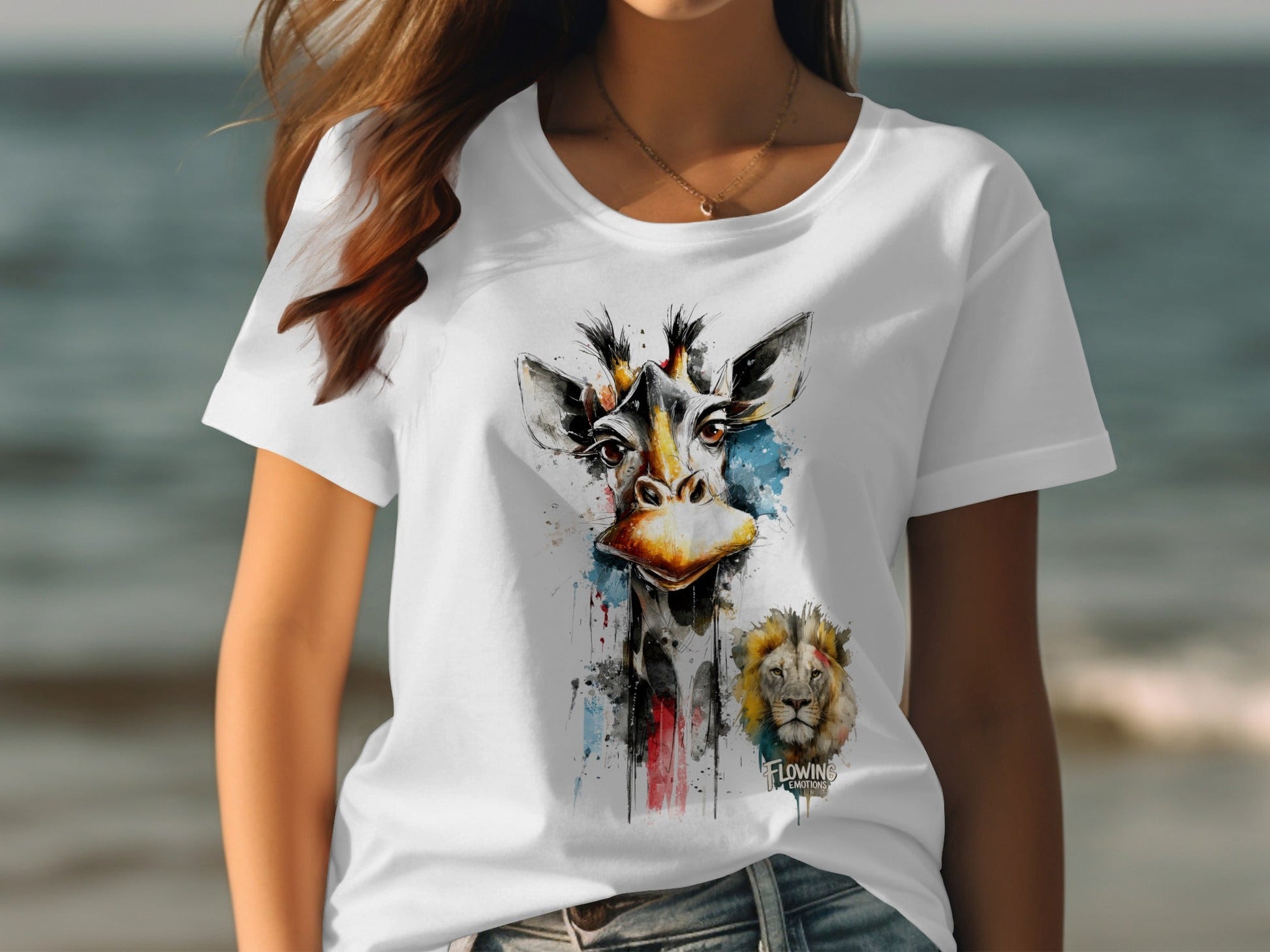 RMA APPAREL Giraffe and Lion Wildlife Art Unisex T-Shirt - Flowing Emotions White T-Shirts - RMA APPAREL - Roclla Media Apparel Store