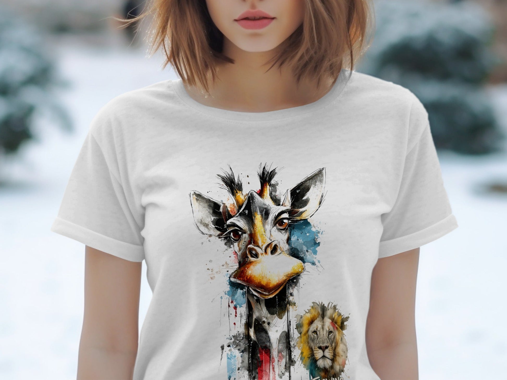 RMA APPAREL Giraffe and Lion Wildlife Art Unisex T-Shirt - Flowing Emotions White T-Shirts - RMA APPAREL - Roclla Media Apparel Store