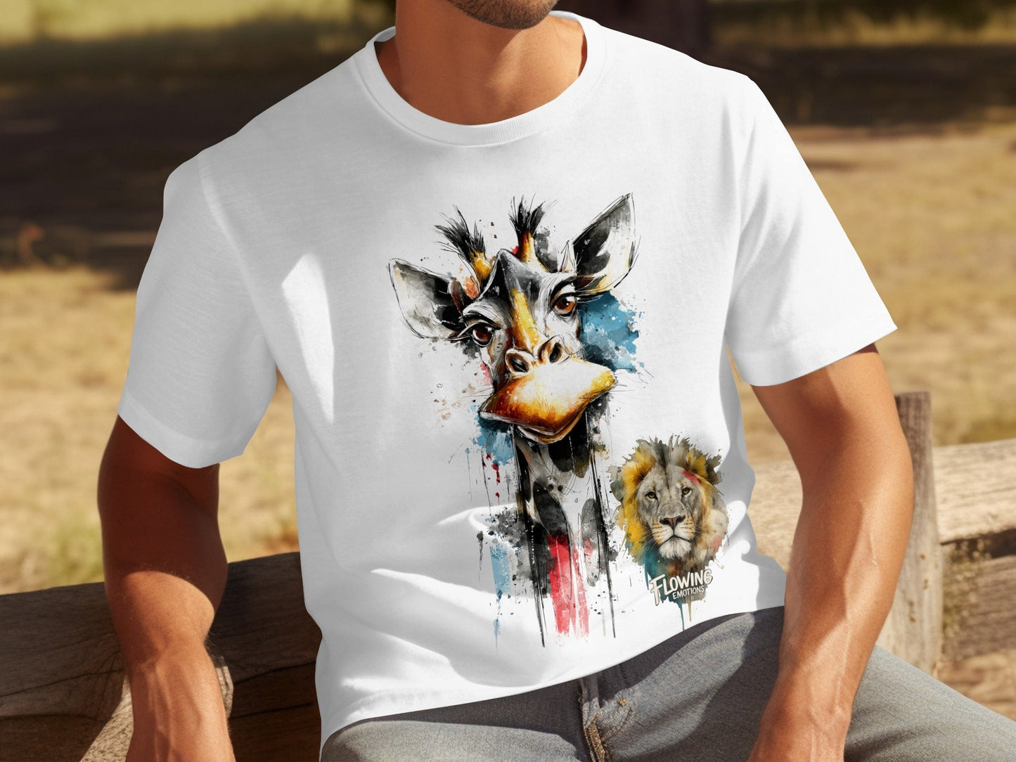 RMA APPAREL Giraffe and Lion Wildlife Art Unisex T-Shirt - Flowing Emotions White T-Shirts - RMA APPAREL - Roclla Media Apparel Store