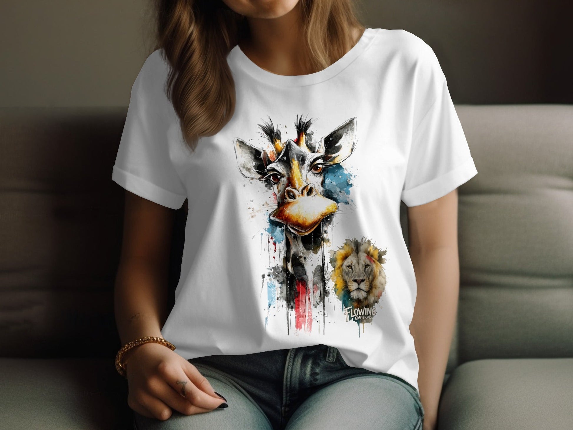 RMA APPAREL Giraffe and Lion Wildlife Art Unisex T-Shirt - Flowing Emotions White T-Shirts - RMA APPAREL - Roclla Media Apparel Store