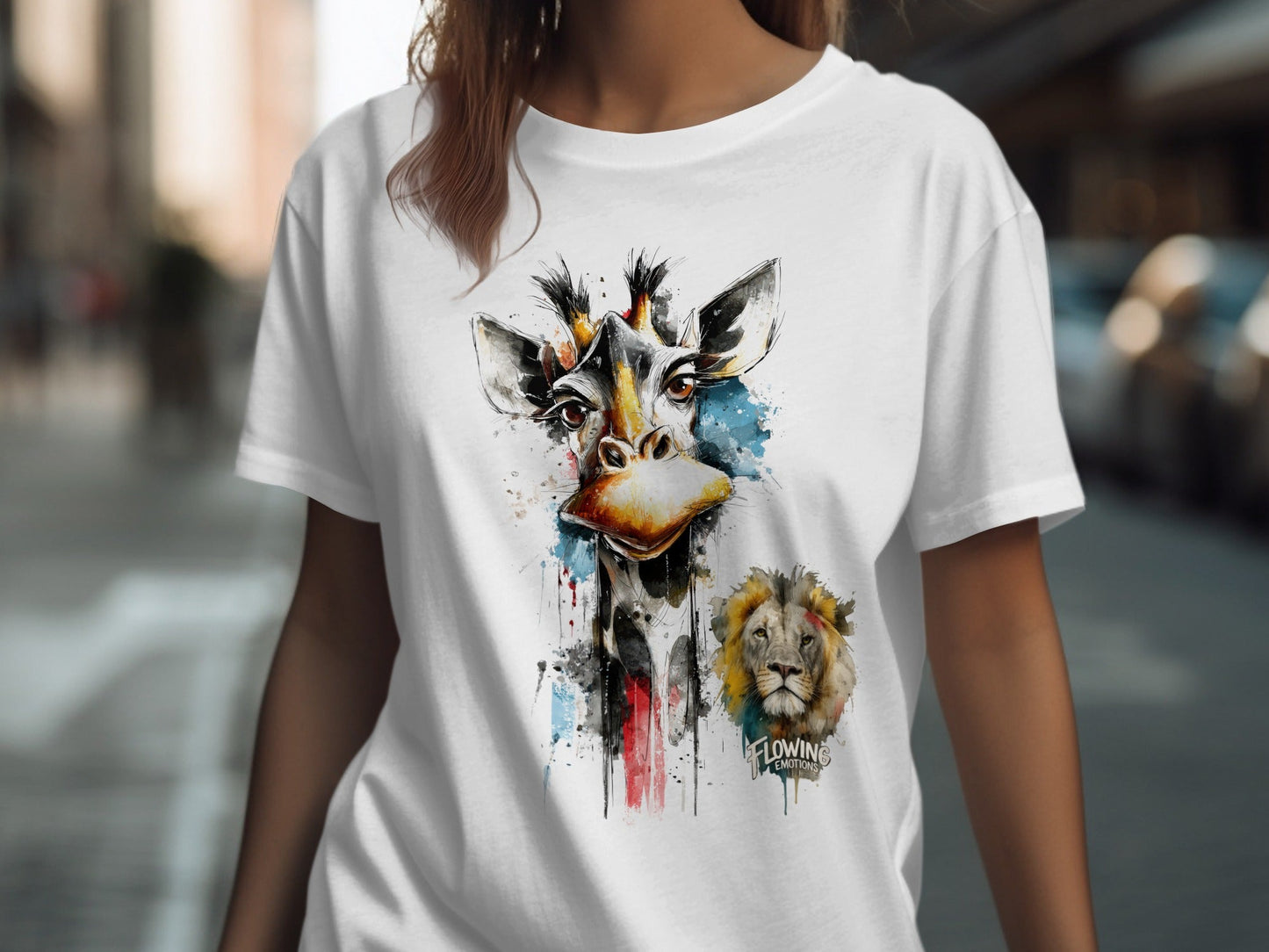 RMA APPAREL Giraffe and Lion Wildlife Art Unisex T-Shirt - Flowing Emotions White T-Shirts - RMA APPAREL - Roclla Media Apparel Store