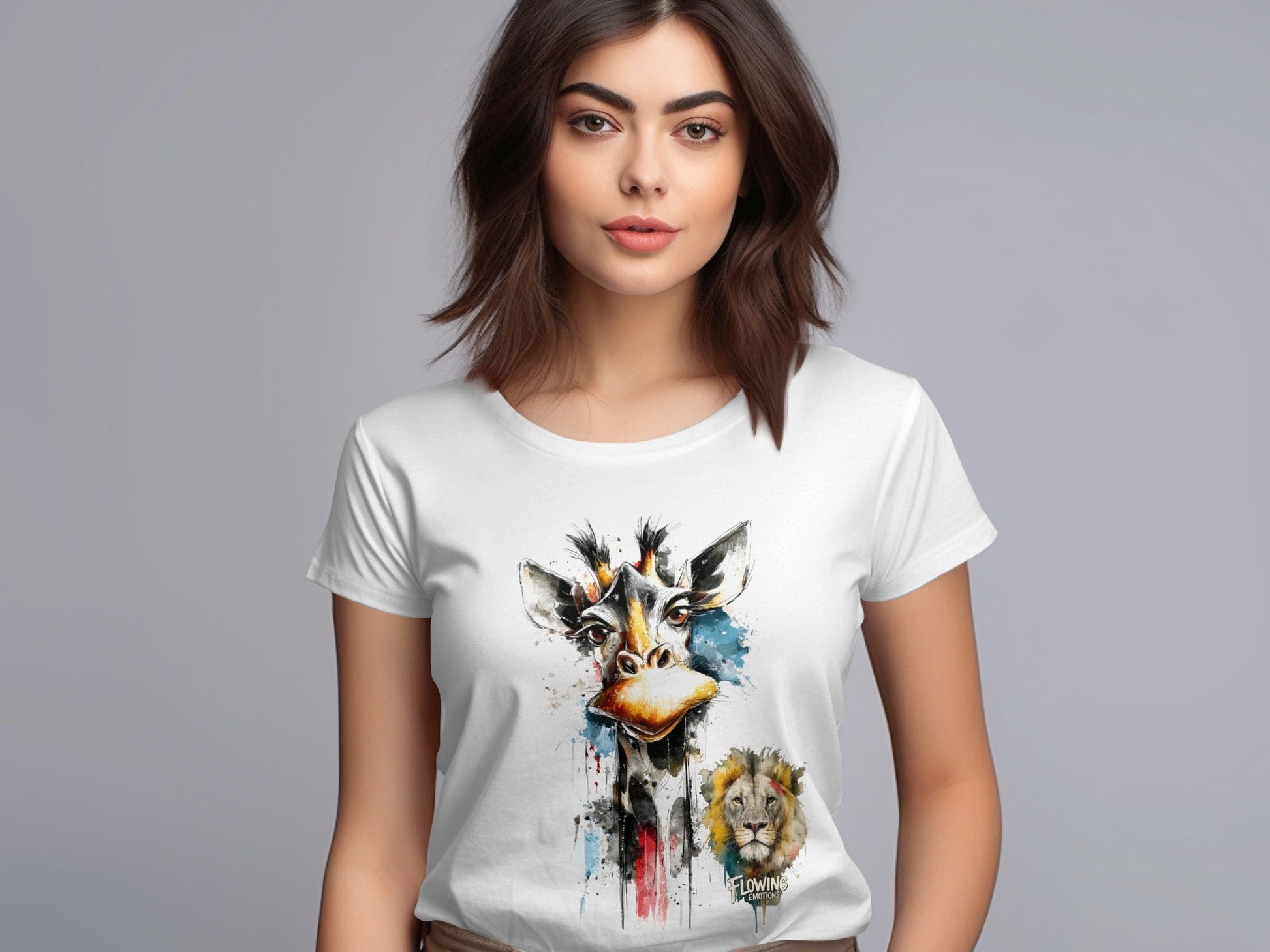 RMA APPAREL Giraffe and Lion Wildlife Art Unisex T-Shirt - Flowing Emotions White T-Shirts - RMA APPAREL - Roclla Media Apparel Store