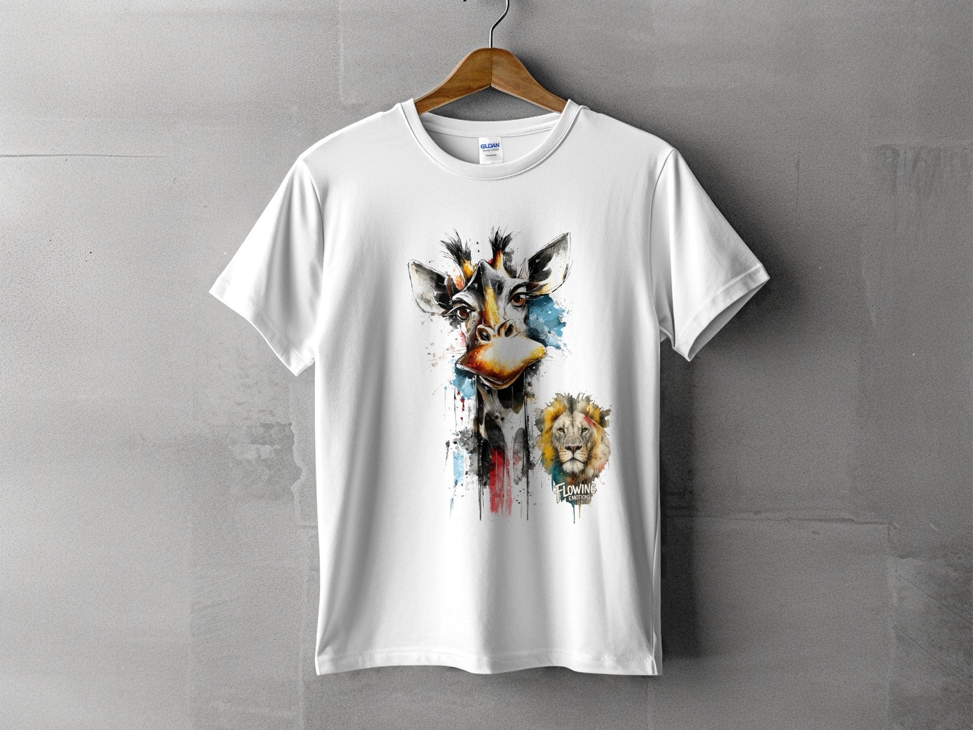 RMA APPAREL Giraffe and Lion Wildlife Art Unisex T-Shirt - Flowing Emotions White T-Shirts - RMA APPAREL - Roclla Media Apparel Store