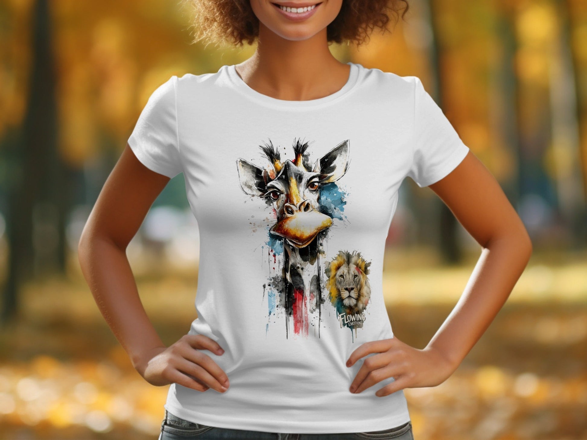RMA APPAREL Giraffe and Lion Wildlife Art Unisex T-Shirt - Flowing Emotions White T-Shirts - RMA APPAREL - Roclla Media Apparel Store