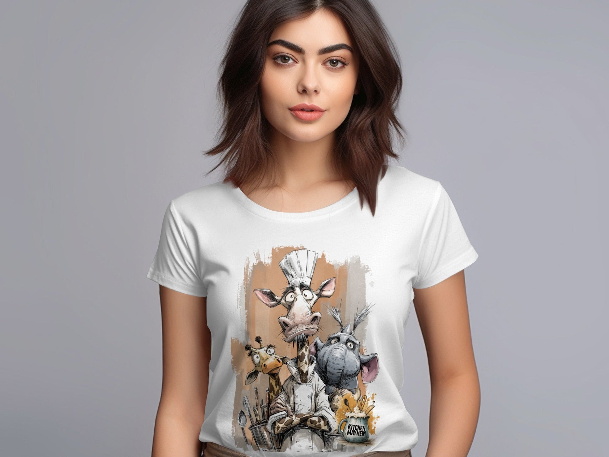 RMA APPAREL Giraffe Chef Kitchen Mayhem Mens Wildlife T-Shirt - Kitchen Mayhem White T-Shirt - RMA APPAREL - Roclla Media Apparel Store