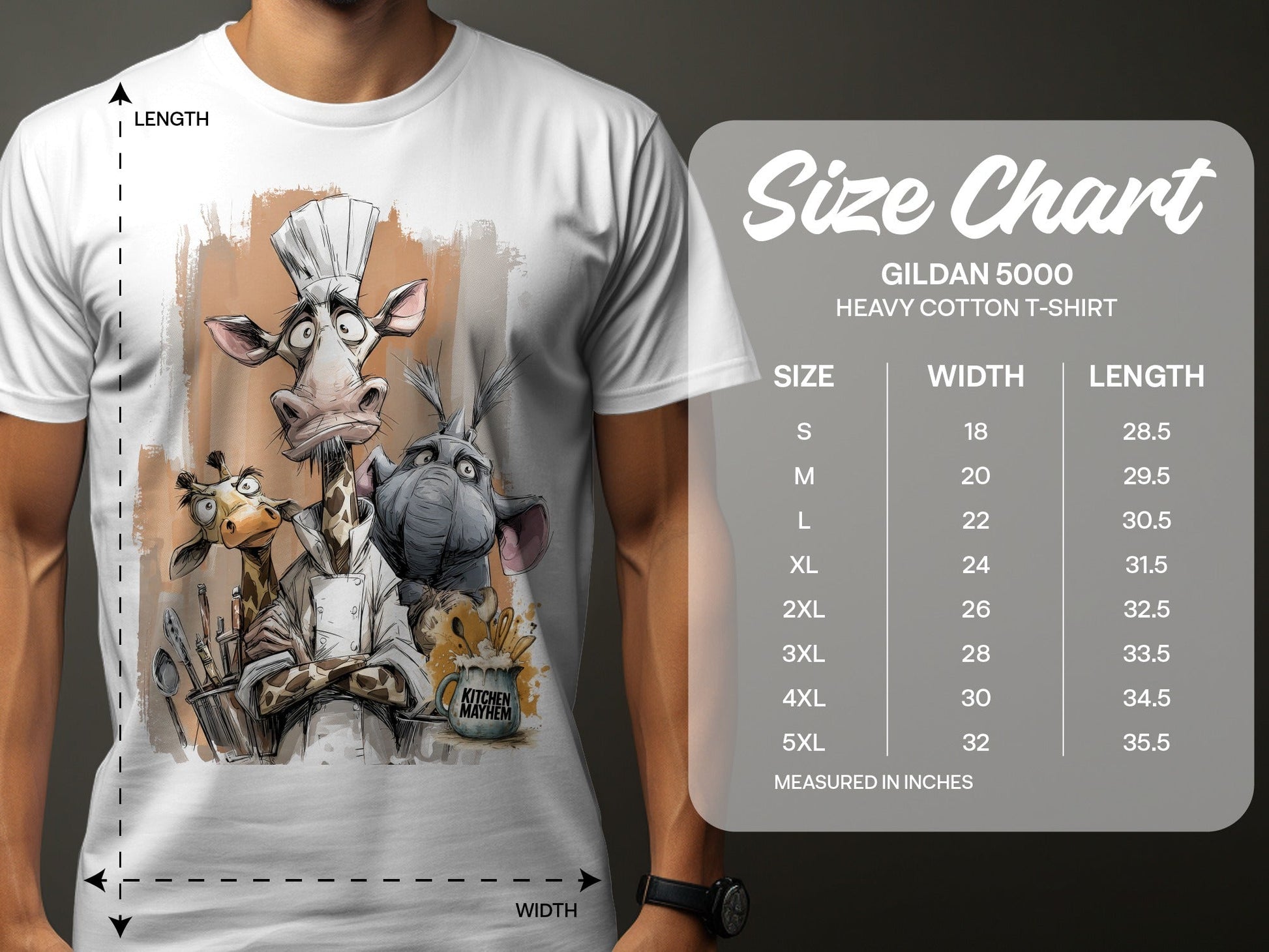 RMA APPAREL Giraffe Chef Kitchen Mayhem Mens Wildlife T-Shirt - Kitchen Mayhem White T-Shirt - RMA APPAREL - Roclla Media Apparel Store