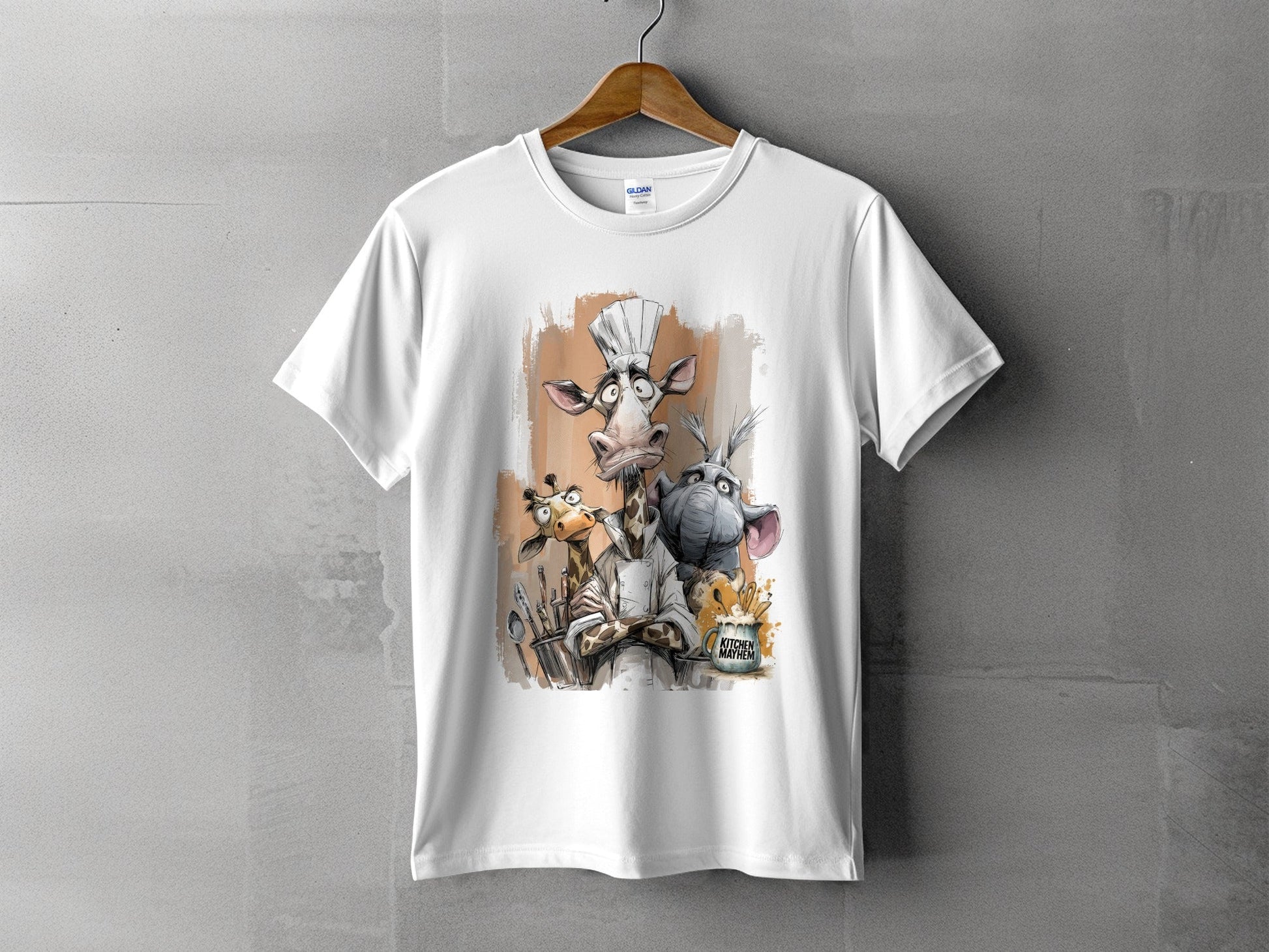 RMA APPAREL Giraffe Chef Kitchen Mayhem Mens Wildlife T-Shirt - Kitchen Mayhem White T-Shirt - RMA APPAREL - Roclla Media Apparel Store