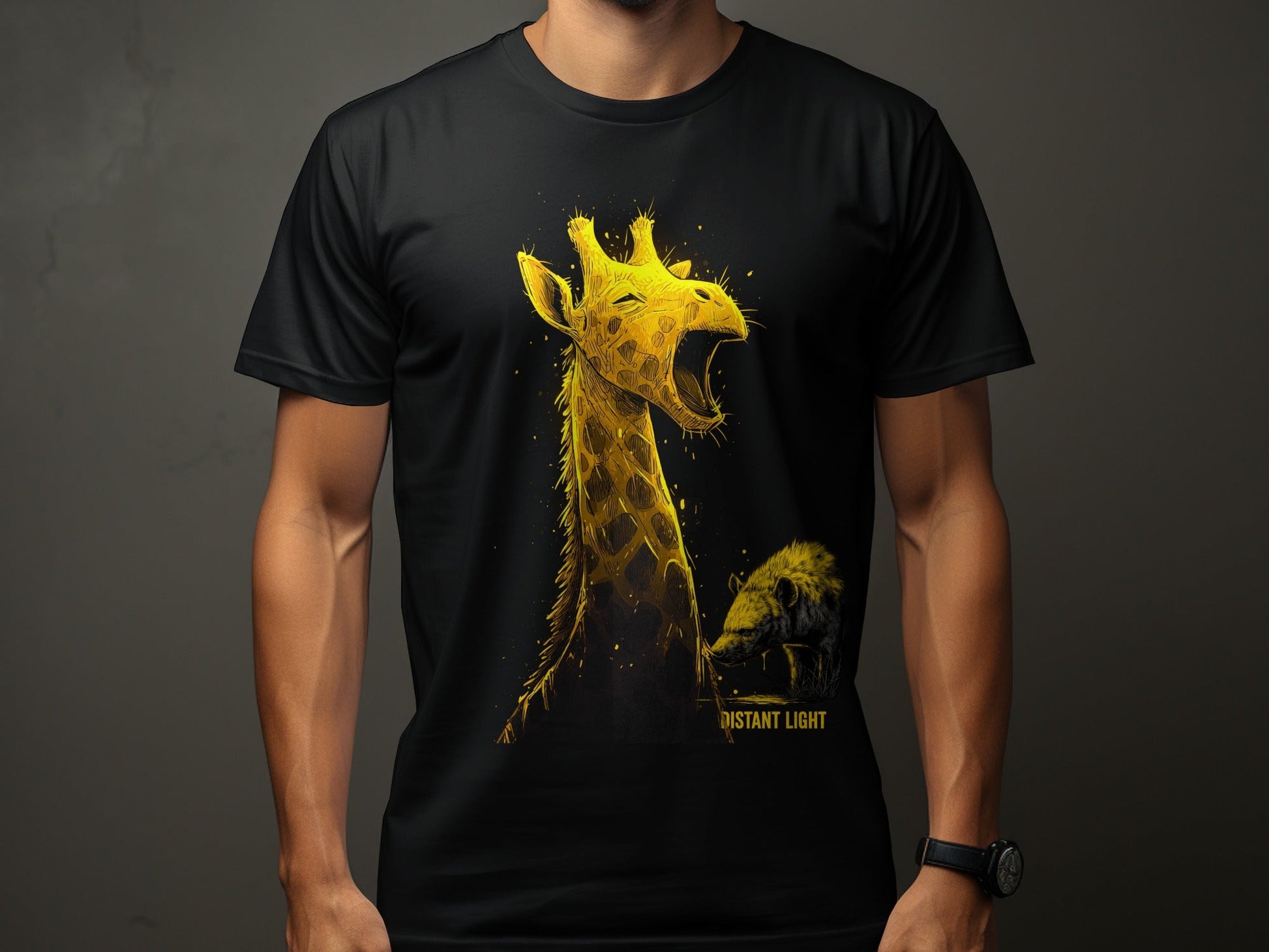 RMA APPAREL Giraffe Golden Illustration Graphic Unisex T-Shirt - Distant Light White T-Shirts - RMA APPAREL - Roclla Media Apparel Store