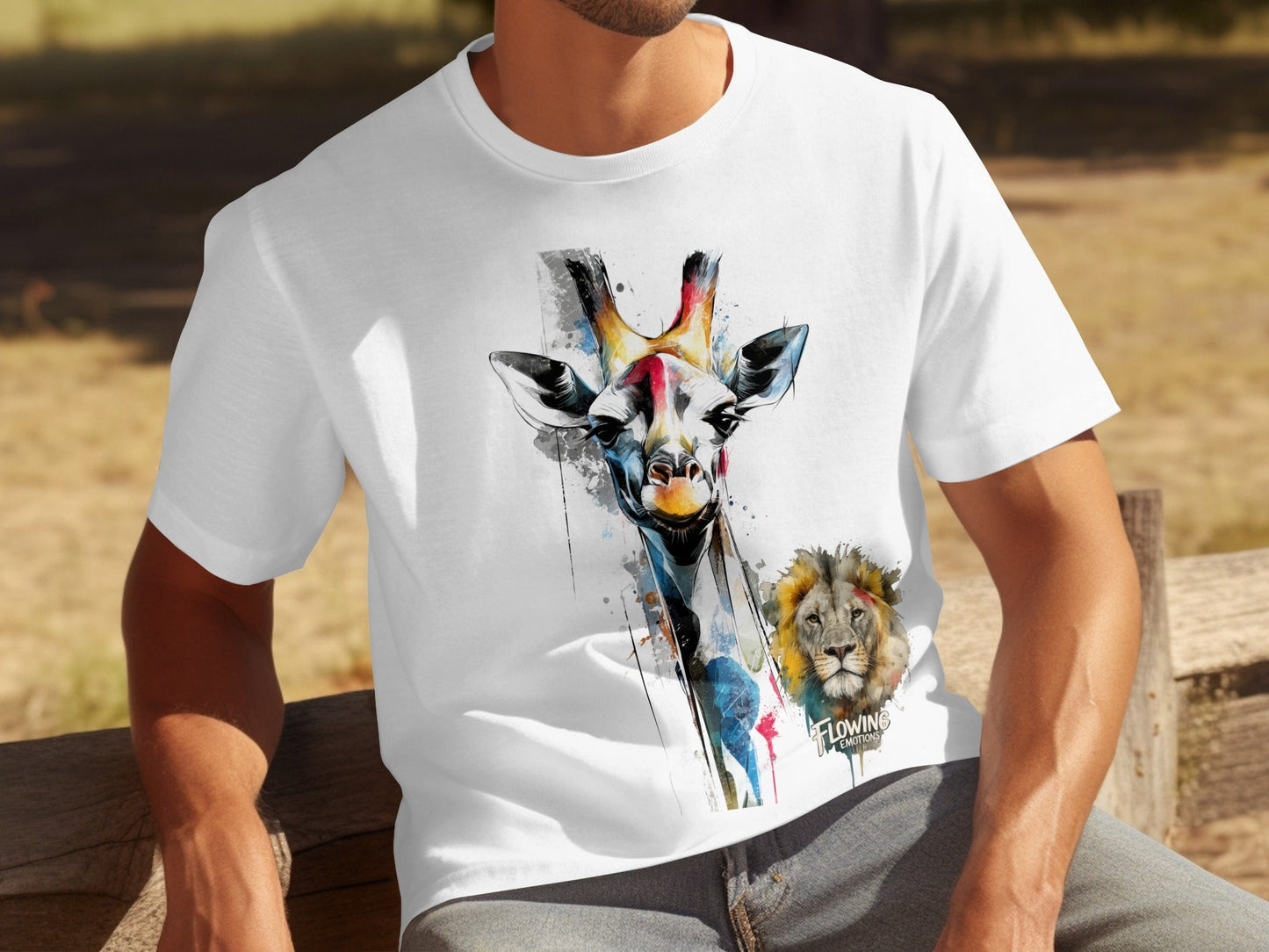 RMA APPAREL Giraffe Lion Wildlife Mens Unisex T-Shirt Sizes - Flowing Emotions White T-Shirts - RMA APPAREL - Roclla Media Apparel Store