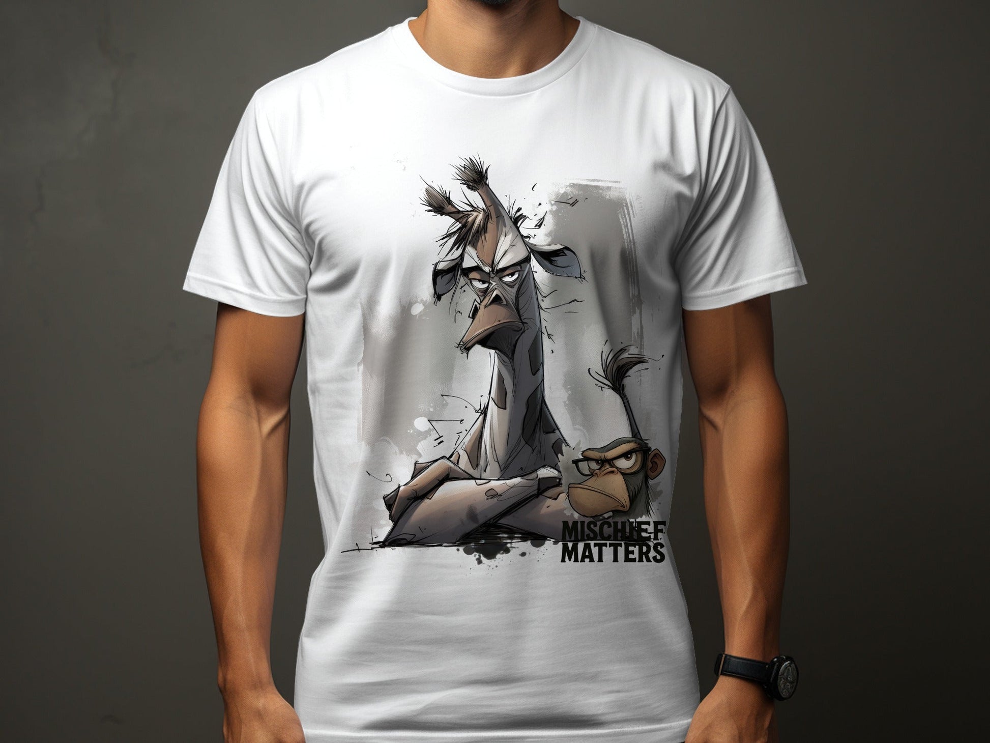 RMA APPAREL Giraffe Monkey T-Shirt, Streetwear, Unisex S - 5XL - Mischief Matters White T-shirt - RMA APPAREL - Roclla Media Apparel Store