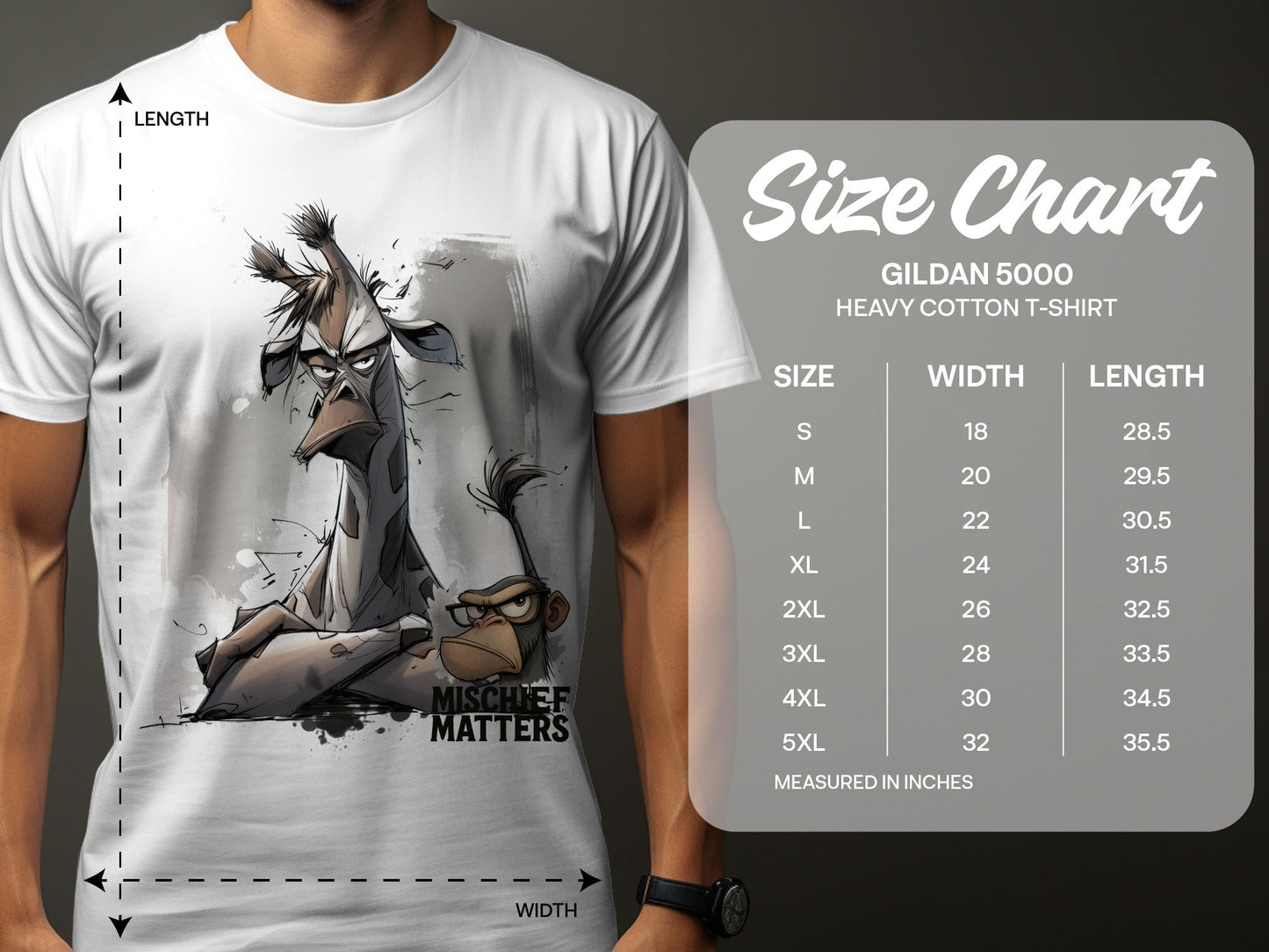 RMA APPAREL Giraffe Monkey T-Shirt, Streetwear, Unisex S - 5XL - Mischief Matters White T-shirt - RMA APPAREL - Roclla Media Apparel Store