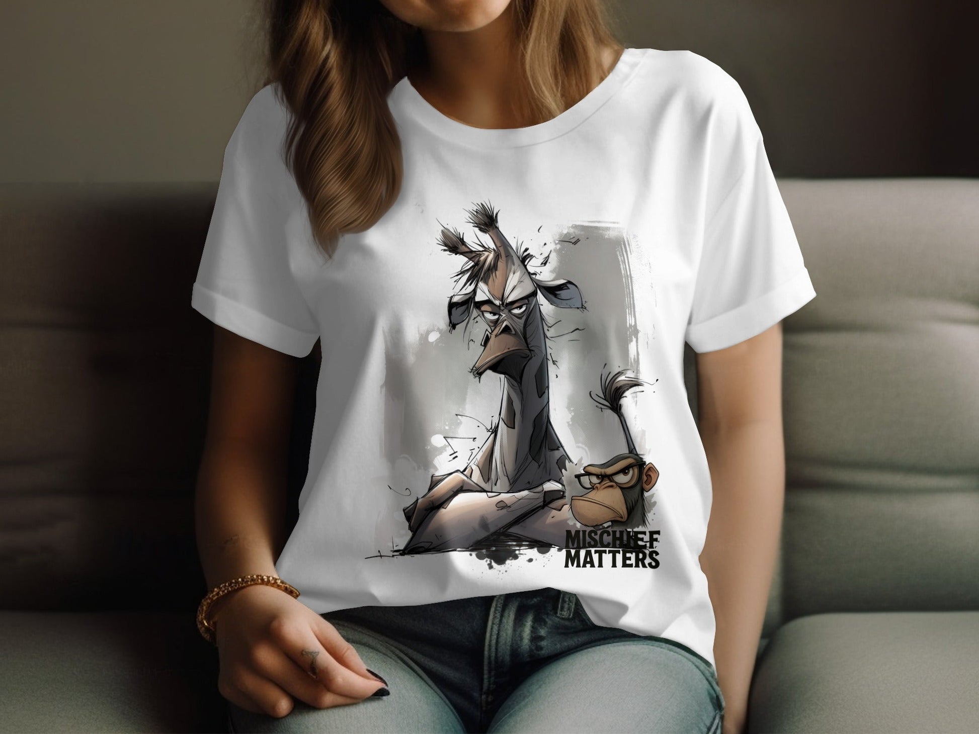 RMA APPAREL Giraffe Monkey T-Shirt, Streetwear, Unisex S - 5XL - Mischief Matters White T-shirt - RMA APPAREL - Roclla Media Apparel Store