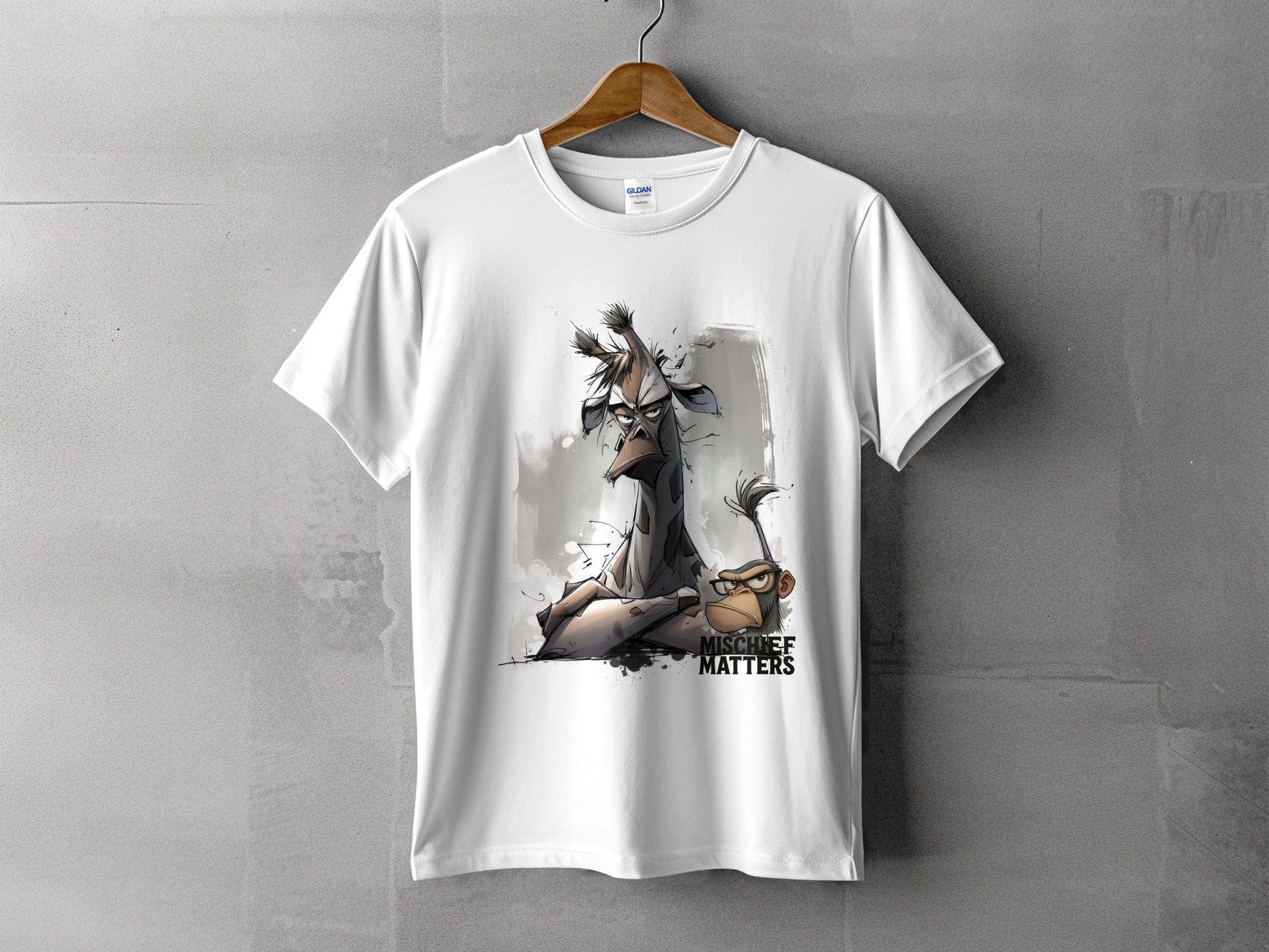 RMA APPAREL Giraffe Monkey T-Shirt, Streetwear, Unisex S - 5XL - Mischief Matters White T-shirt - RMA APPAREL - Roclla Media Apparel Store