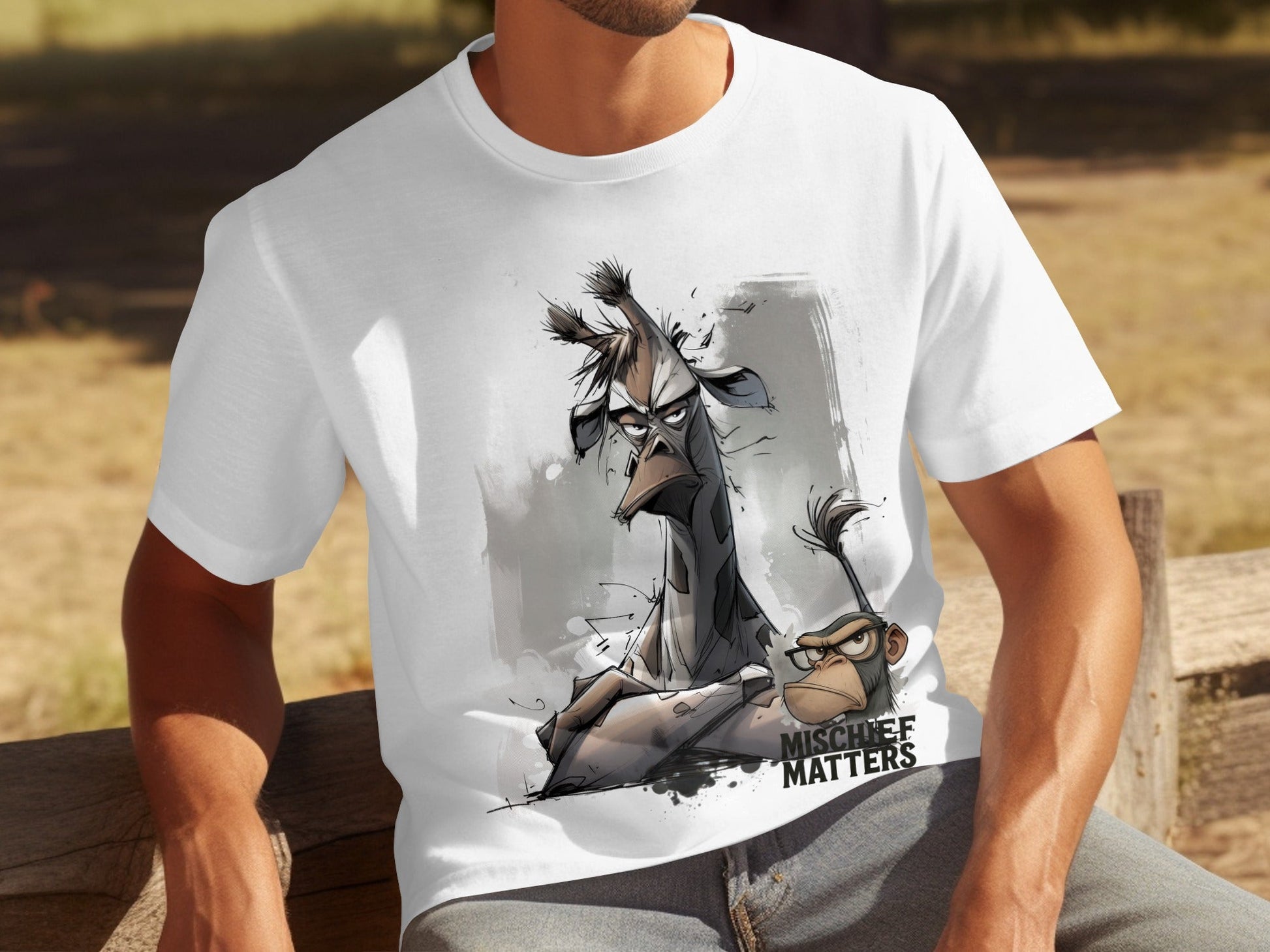 RMA APPAREL Giraffe Monkey T-Shirt, Streetwear, Unisex S - 5XL - Mischief Matters White T-shirt - RMA APPAREL - Roclla Media Apparel Store