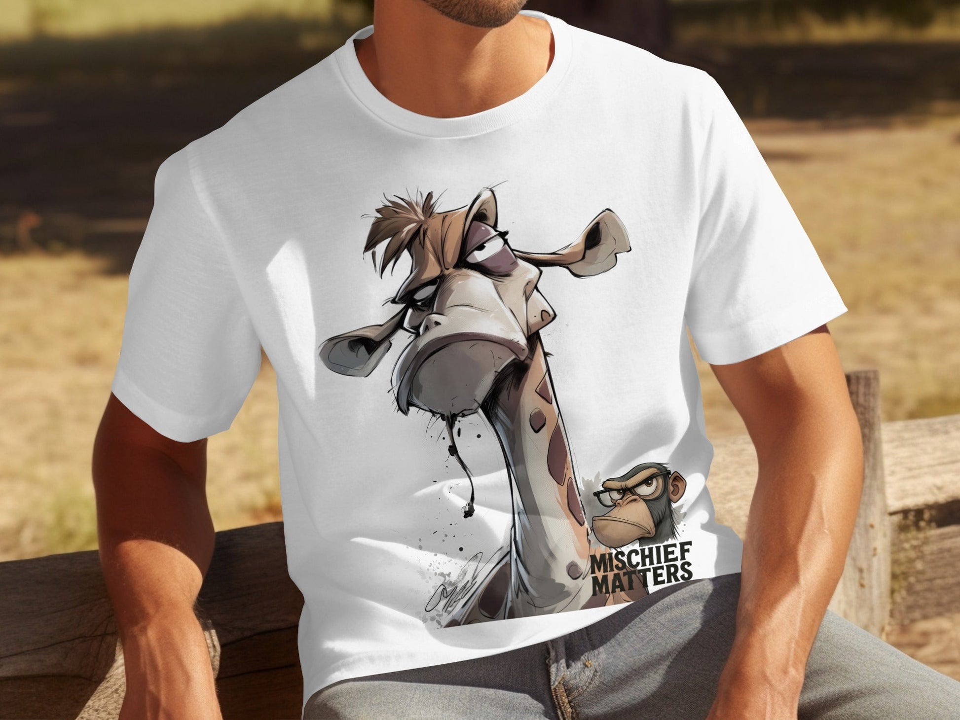 RMA APPAREL Giraffe T-Shirt, Funny Animal Tee, S - 5XL, Wildlife Apparel - Mischief Matters White T-shirt - RMA APPAREL - Roclla Media Apparel Store