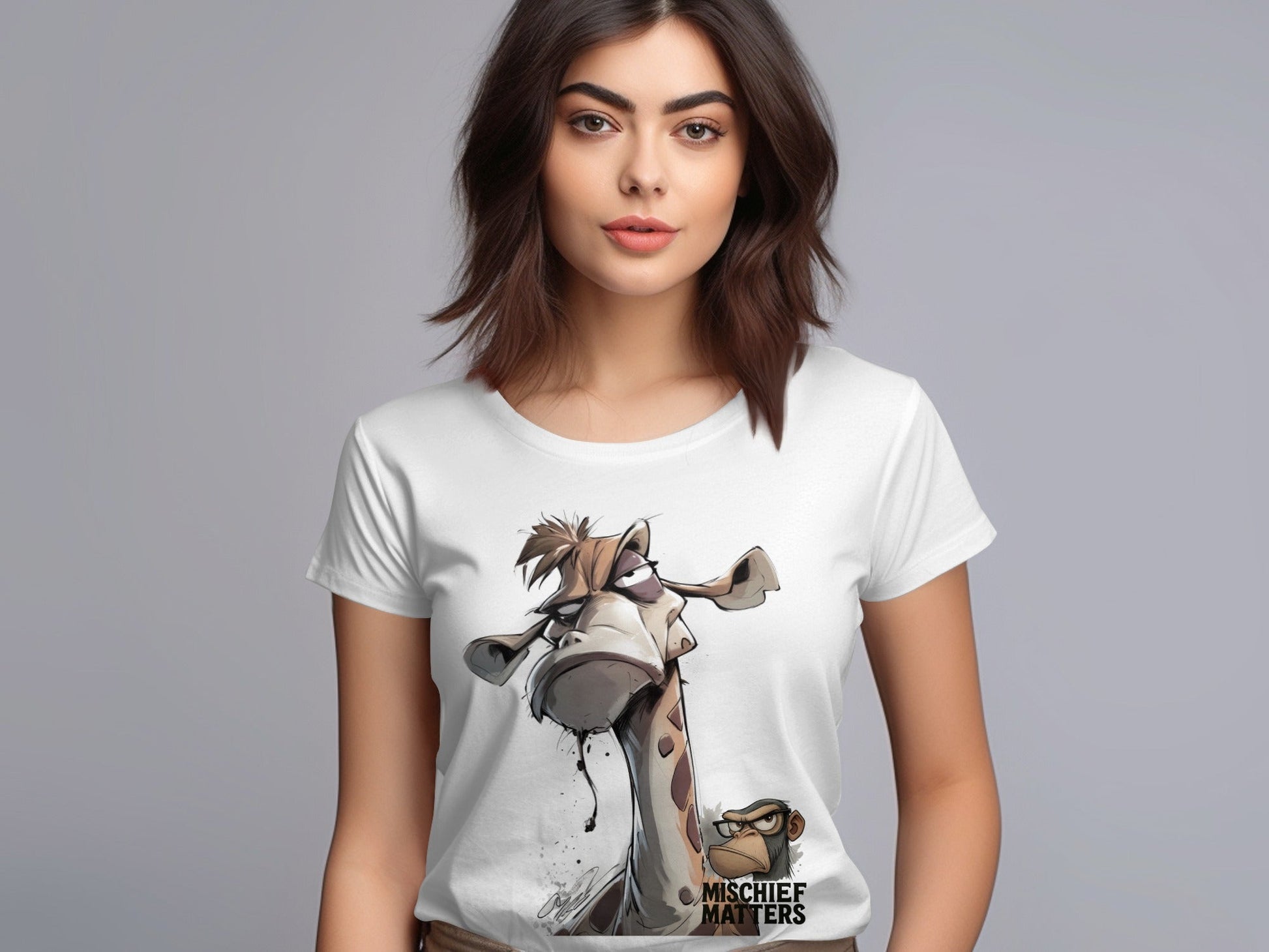 RMA APPAREL Giraffe T-Shirt, Funny Animal Tee, S - 5XL, Wildlife Apparel - Mischief Matters White T-shirt - RMA APPAREL - Roclla Media Apparel Store