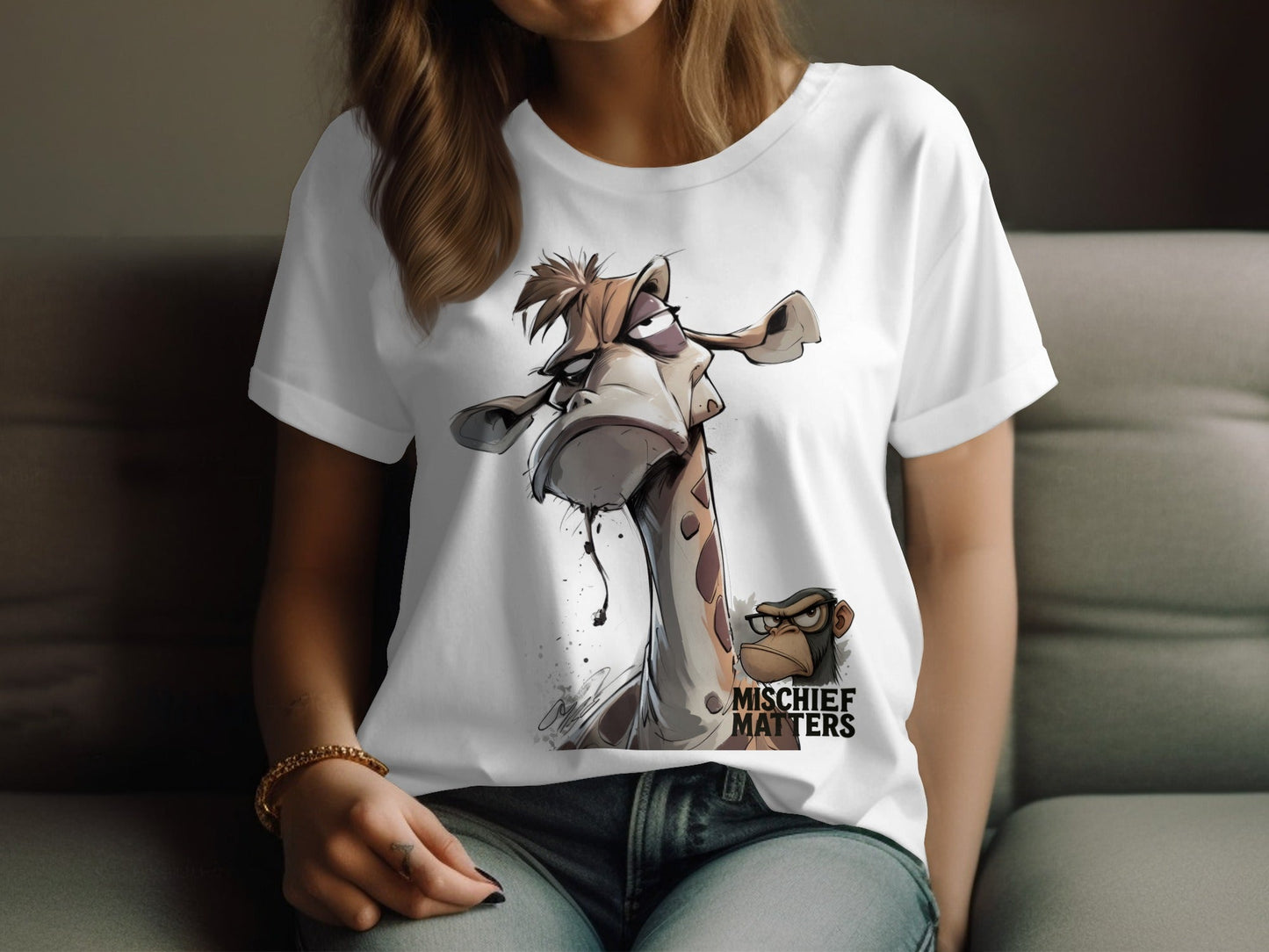 RMA APPAREL Giraffe T-Shirt, Funny Animal Tee, S - 5XL, Wildlife Apparel - Mischief Matters White T-shirt - RMA APPAREL - Roclla Media Apparel Store