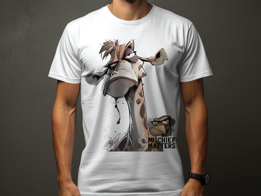 RMA APPAREL Giraffe T-Shirt, Funny Animal Tee, S - 5XL, Wildlife Apparel - Mischief Matters White T-shirt - RMA APPAREL - Roclla Media Apparel Store
