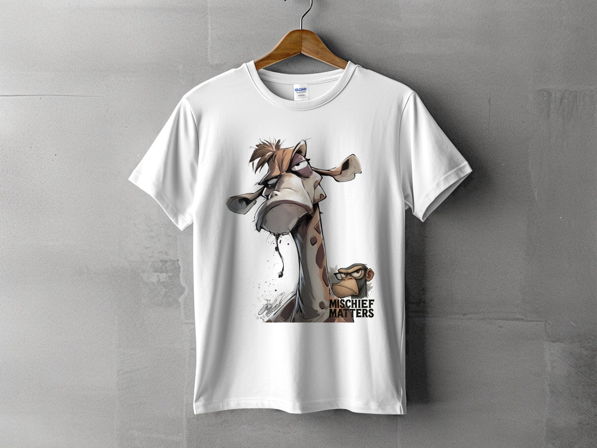 RMA APPAREL Giraffe T-Shirt, Funny Animal Tee, S - 5XL, Wildlife Apparel - Mischief Matters White T-shirt - RMA APPAREL - Roclla Media Apparel Store