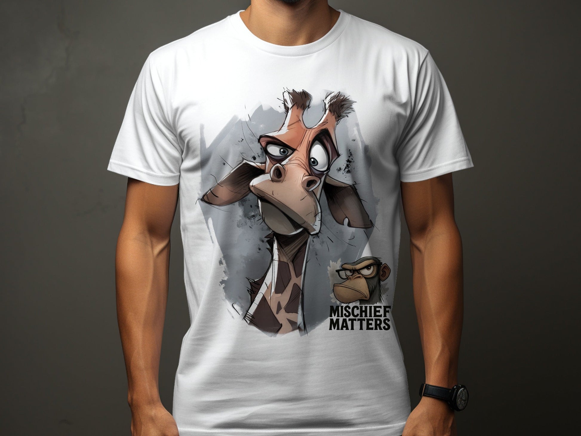 RMA APPAREL Giraffe T-Shirt, S to 5XL, Unisex Tee, Wildlife Animal - Mischief Matters White T-shirt - RMA APPAREL - Roclla Media Apparel Store