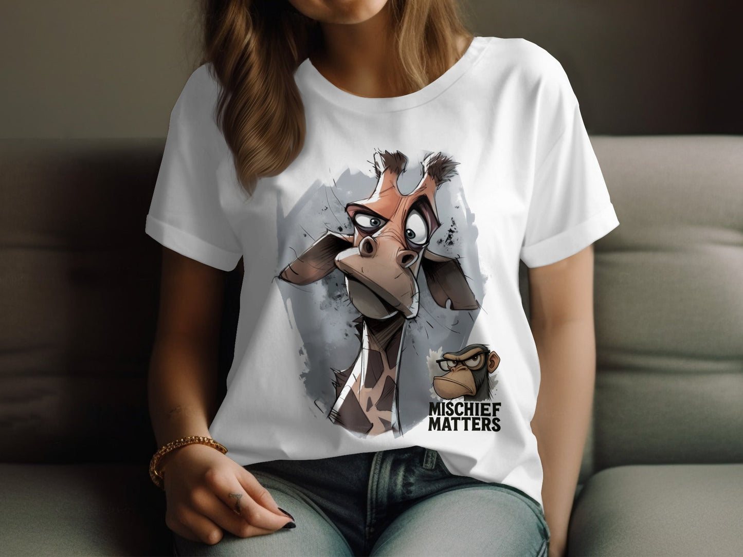 RMA APPAREL Giraffe T-Shirt, S to 5XL, Unisex Tee, Wildlife Animal - Mischief Matters White T-shirt - RMA APPAREL - Roclla Media Apparel Store