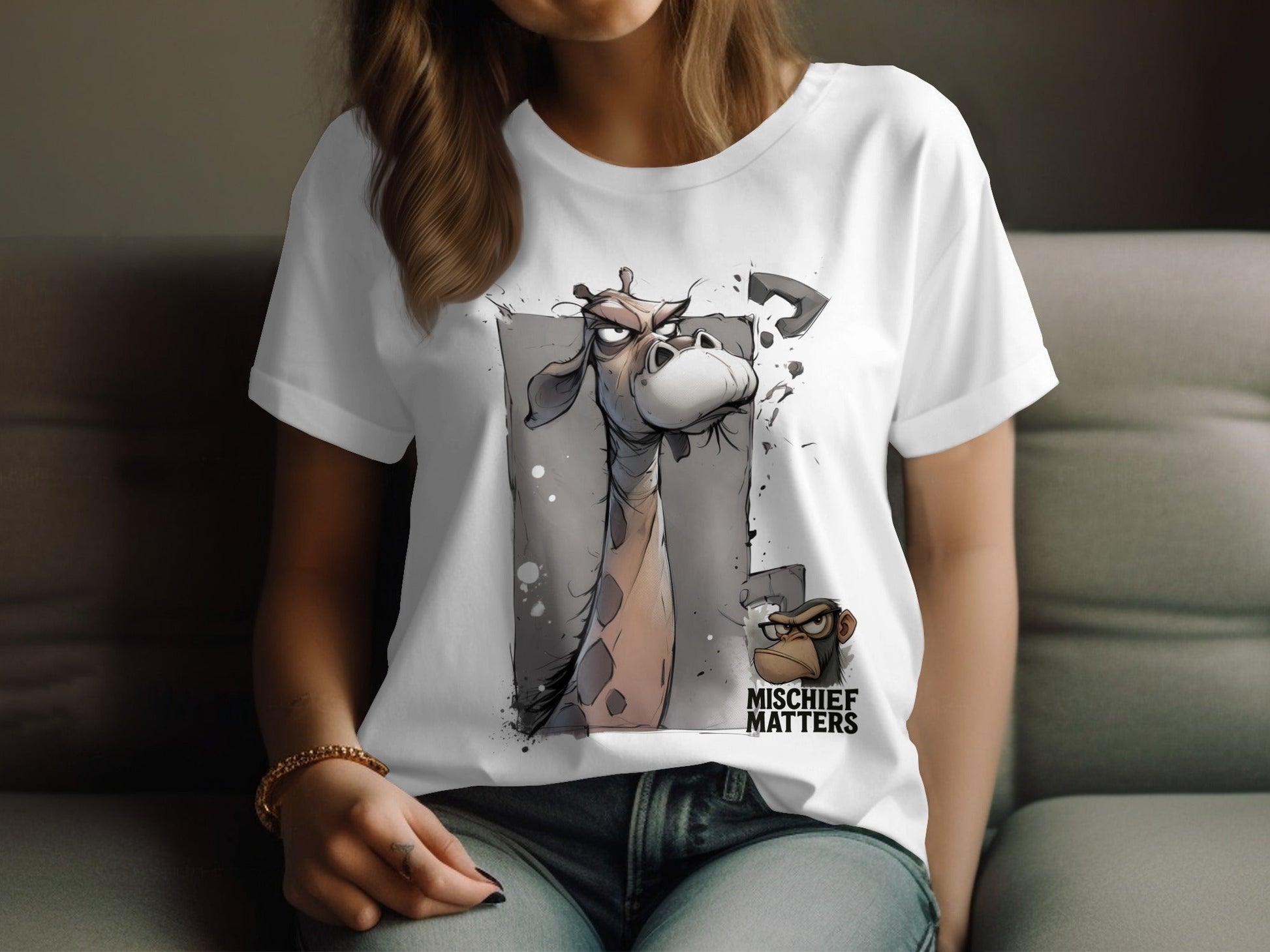 RMA APPAREL Giraffe T-Shirt S to 5XL, Wildlife T-Shirt, Funny Animal Tee - Mischief Matters White T-shirt - RMA APPAREL - Roclla Media Apparel Store
