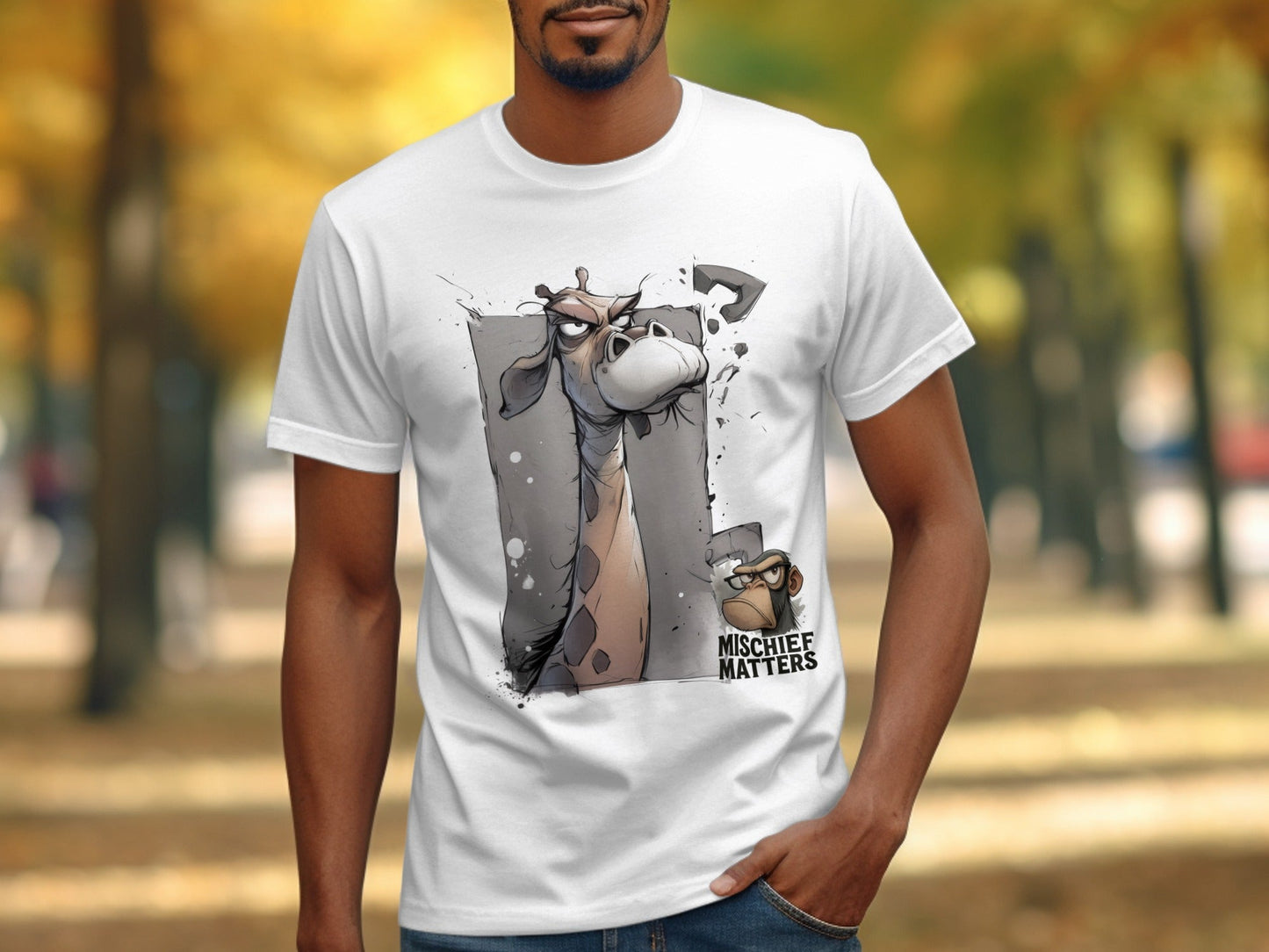 RMA APPAREL Giraffe T-Shirt S to 5XL, Wildlife T-Shirt, Funny Animal Tee - Mischief Matters White T-shirt - RMA APPAREL - Roclla Media Apparel Store