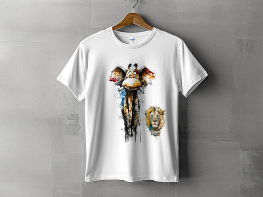 RMA APPAREL Giraffe With Lion Mens Womens Unisex T-Shirt - Flowing Emotions White T-Shirts - RMA APPAREL - Roclla Media Apparel Store