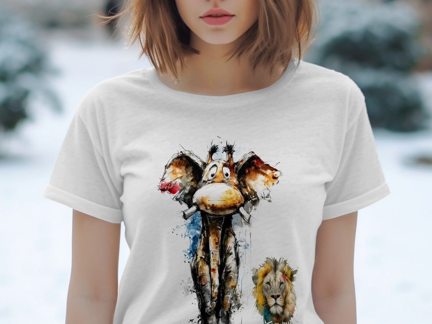 RMA APPAREL Giraffe With Lion Mens Womens Unisex T-Shirt - Flowing Emotions White T-Shirts - RMA APPAREL - Roclla Media Apparel Store