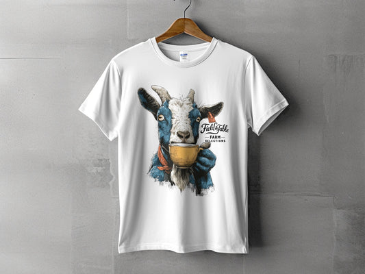 RMA APPAREL Goat Coffee Lover Mens Womens Unisex T-Shirt - Field&Fable White T-Shirt - RMA APPAREL - Roclla Media Apparel Store