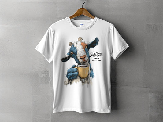 RMA APPAREL Goat Drinking Coffee Graphic Animal T-Shirt - Field&Fable White T-Shirt - RMA APPAREL - Roclla Media Apparel Store
