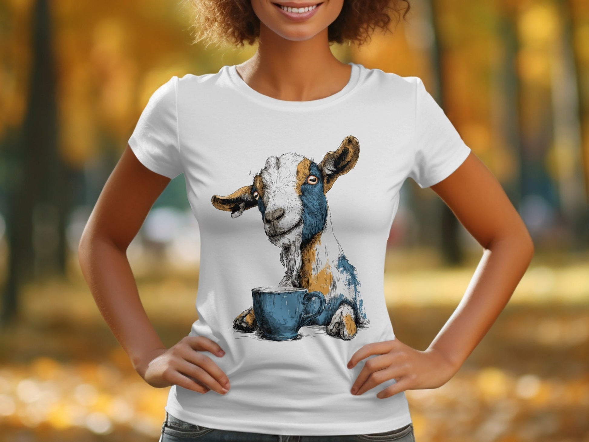 RMA APPAREL Goat with Coffee Cup Mens Womens Unisex T-Shirt - Field&Fable White T-Shirt - RMA APPAREL - Roclla Media Apparel Store