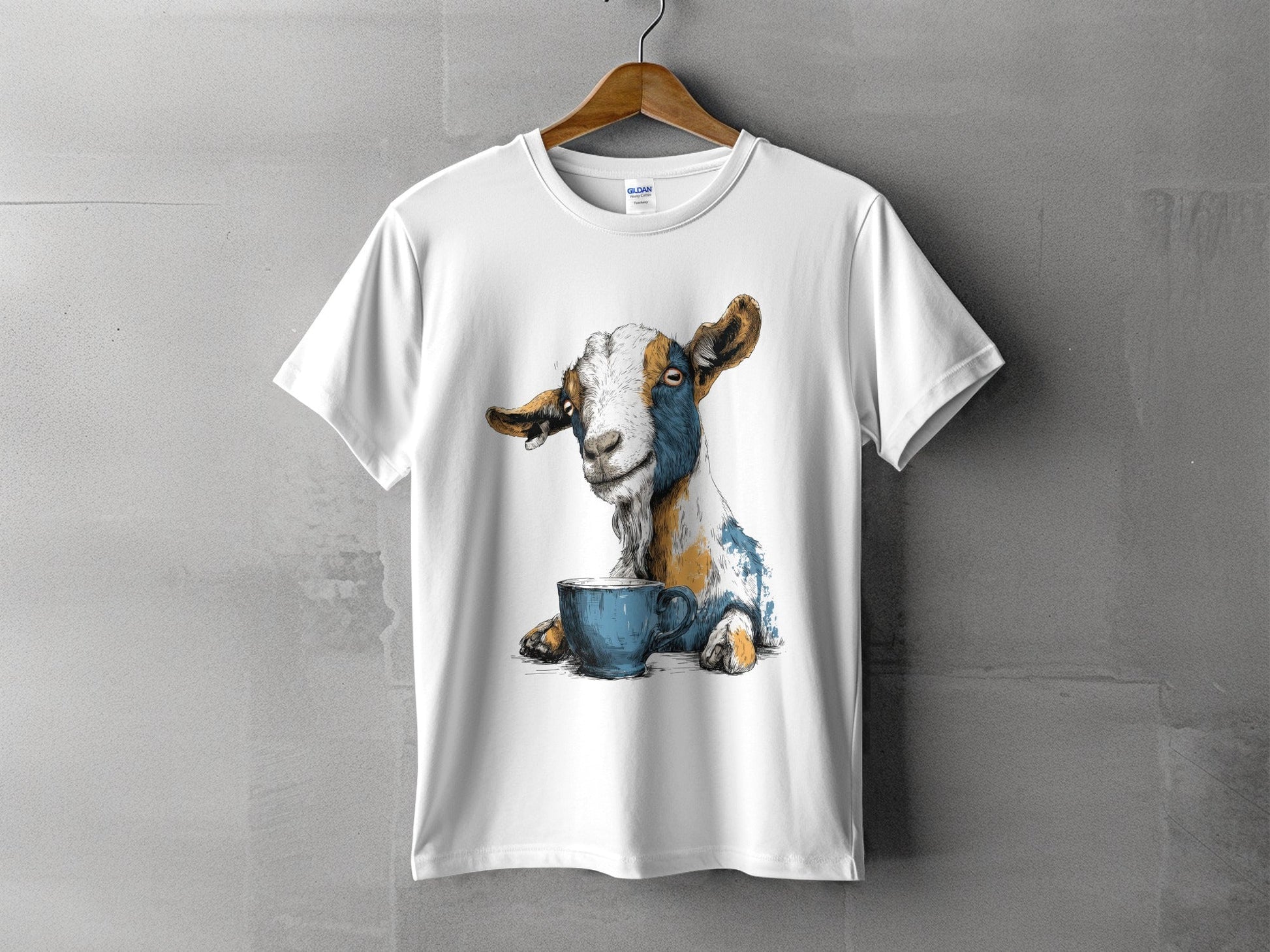RMA APPAREL Goat with Coffee Cup Mens Womens Unisex T-Shirt - Field&Fable White T-Shirt - RMA APPAREL - Roclla Media Apparel Store