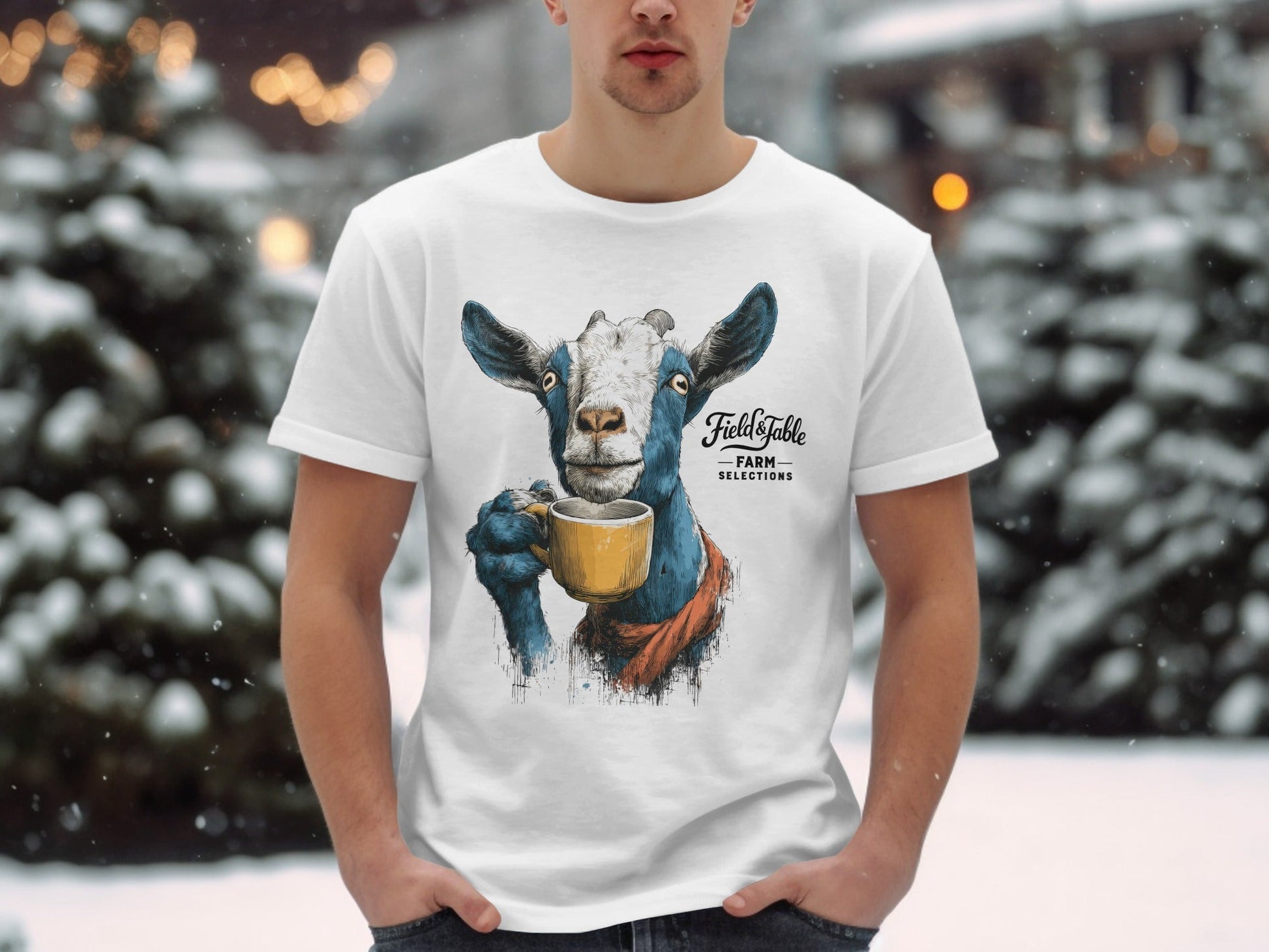 RMA APPAREL Goat with Coffee Mug Graphic Mens T-Shirt Sizes - Field&Fable White T-Shirt - RMA APPAREL - Roclla Media Apparel Store