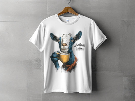 RMA APPAREL Goat with Coffee Mug Graphic Mens T-Shirt Sizes - Field&Fable White T-Shirt - RMA APPAREL - Roclla Media Apparel Store