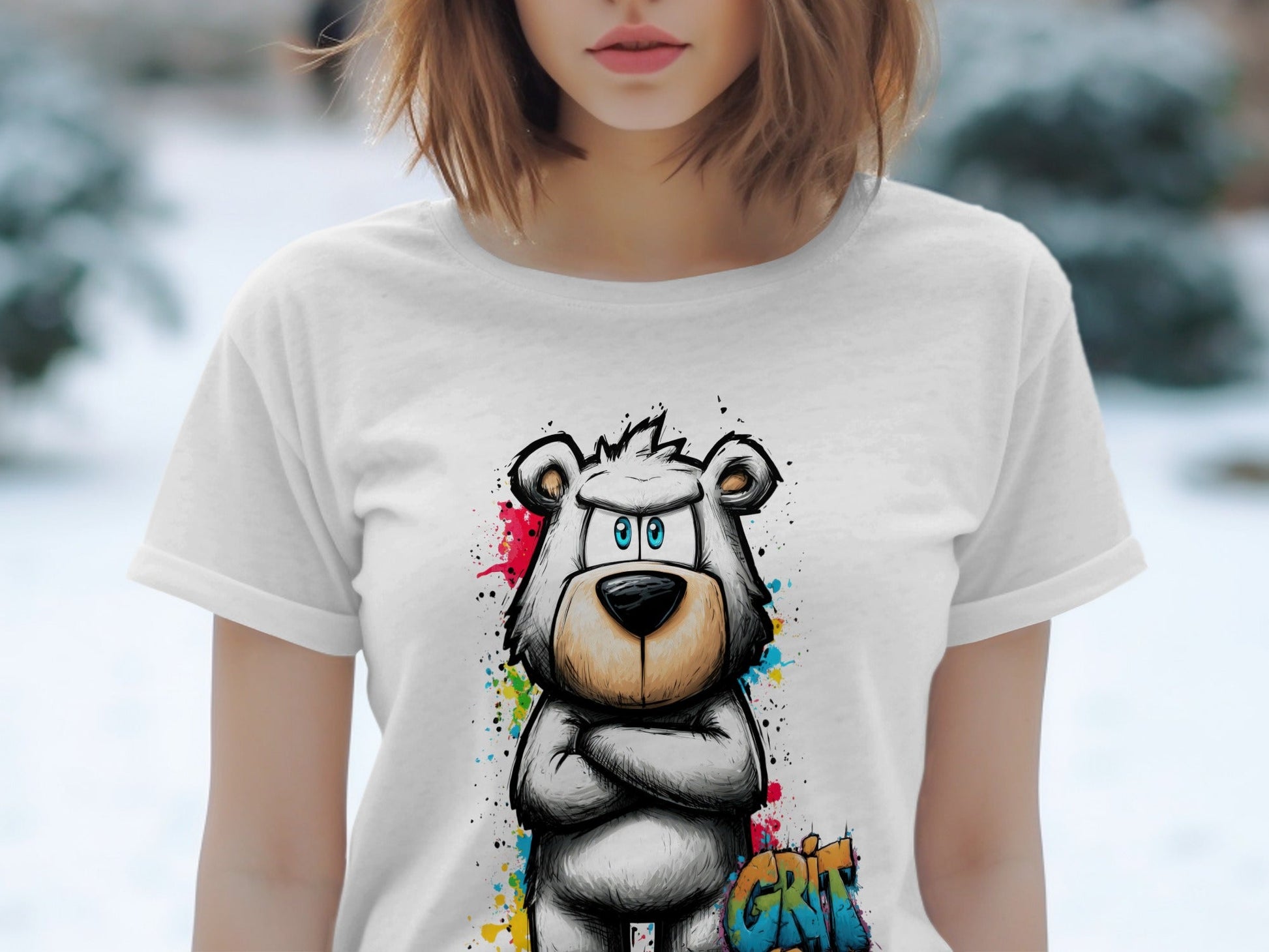 RMA APPAREL Grumpy Polar Bear Graffiti Art Unisex T-Shirt - Grit & Growl White T-Shirts - RMA APPAREL - Roclla Media Apparel Store