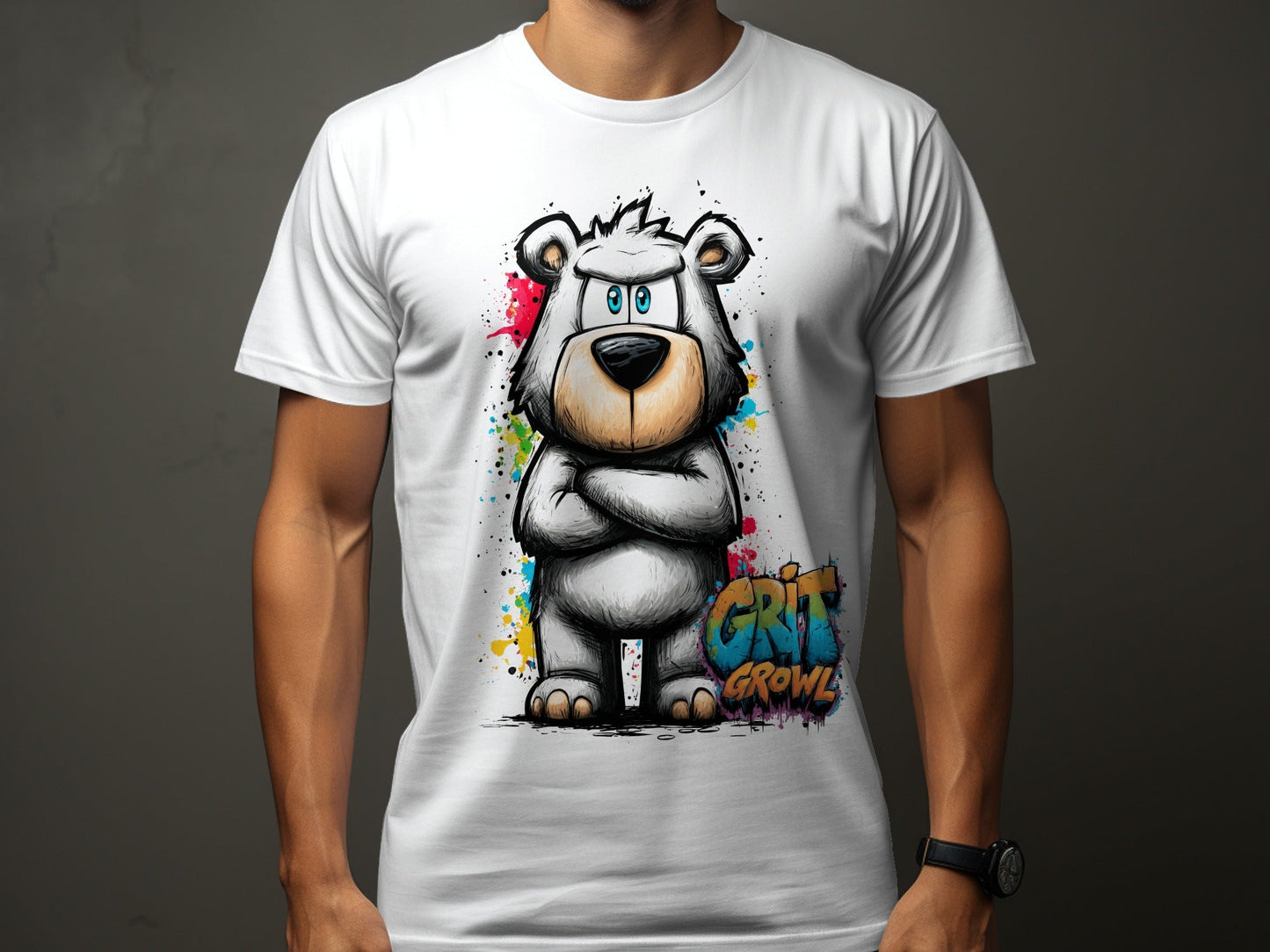 RMA APPAREL Grumpy Polar Bear Graffiti Art Unisex T-Shirt - Grit & Growl White T-Shirts - RMA APPAREL - Roclla Media Apparel Store