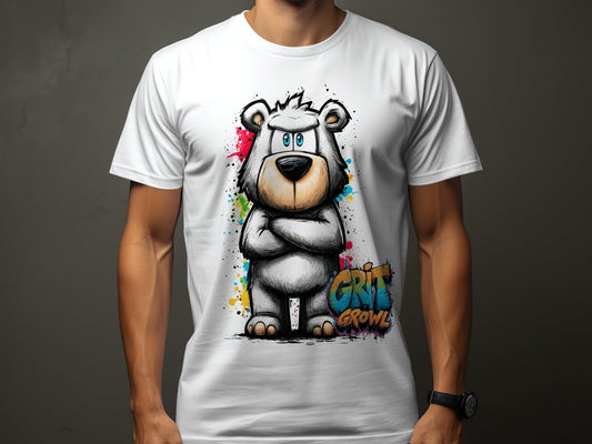 RMA APPAREL Grumpy Polar Bear Graffiti Art Unisex T-Shirt - Grit & Growl White T-Shirts - RMA APPAREL - Roclla Media Apparel Store