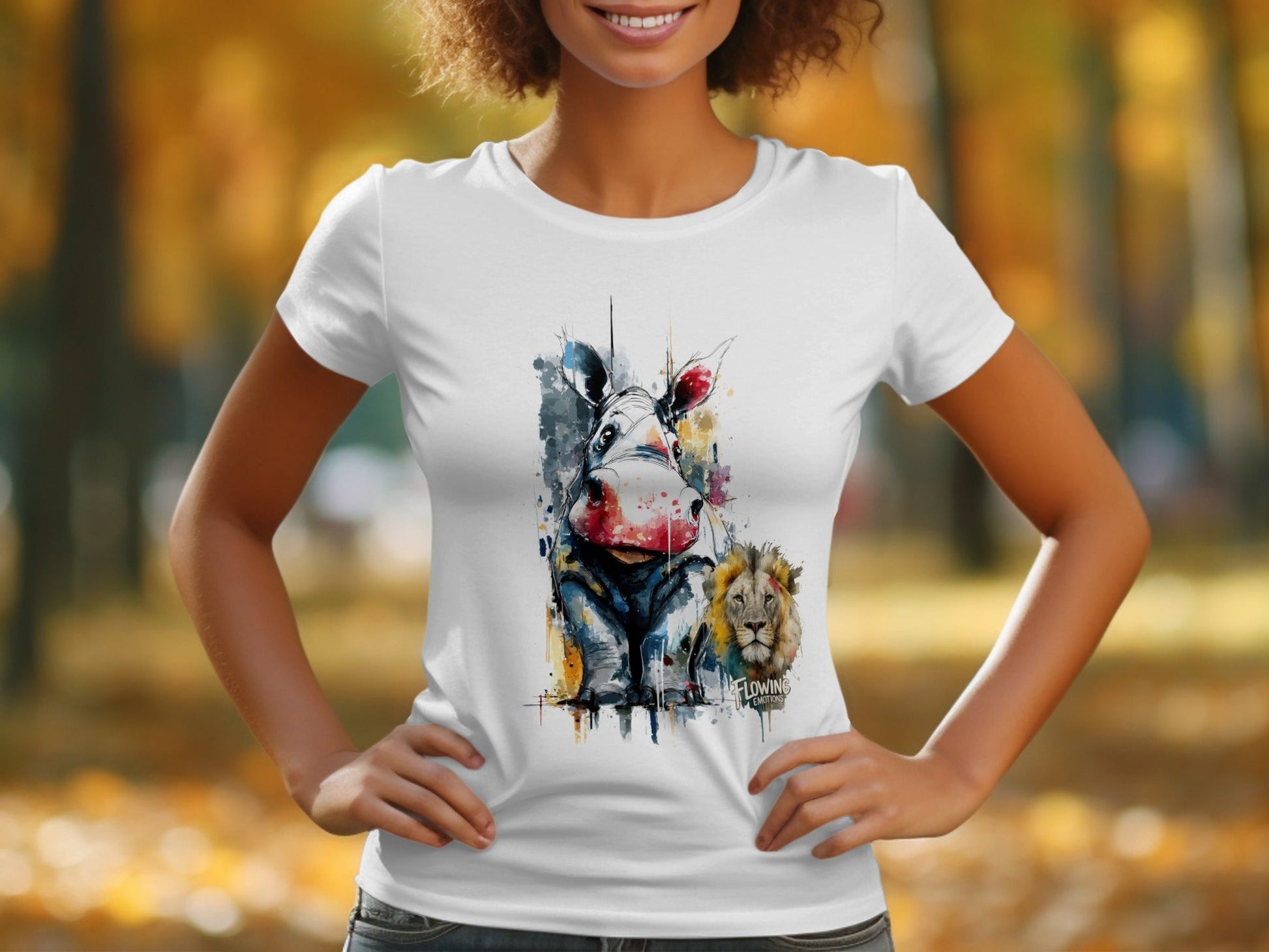 RMA APPAREL Hippo and Lion Animal Illustration T-Shirt - Flowing Emotions White T-Shirts - RMA APPAREL - Roclla Media Apparel Store