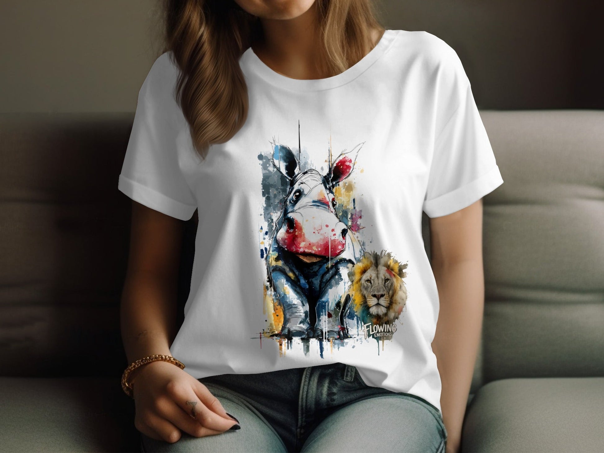 RMA APPAREL Hippo and Lion Animal Illustration T-Shirt - Flowing Emotions White T-Shirts - RMA APPAREL - Roclla Media Apparel Store
